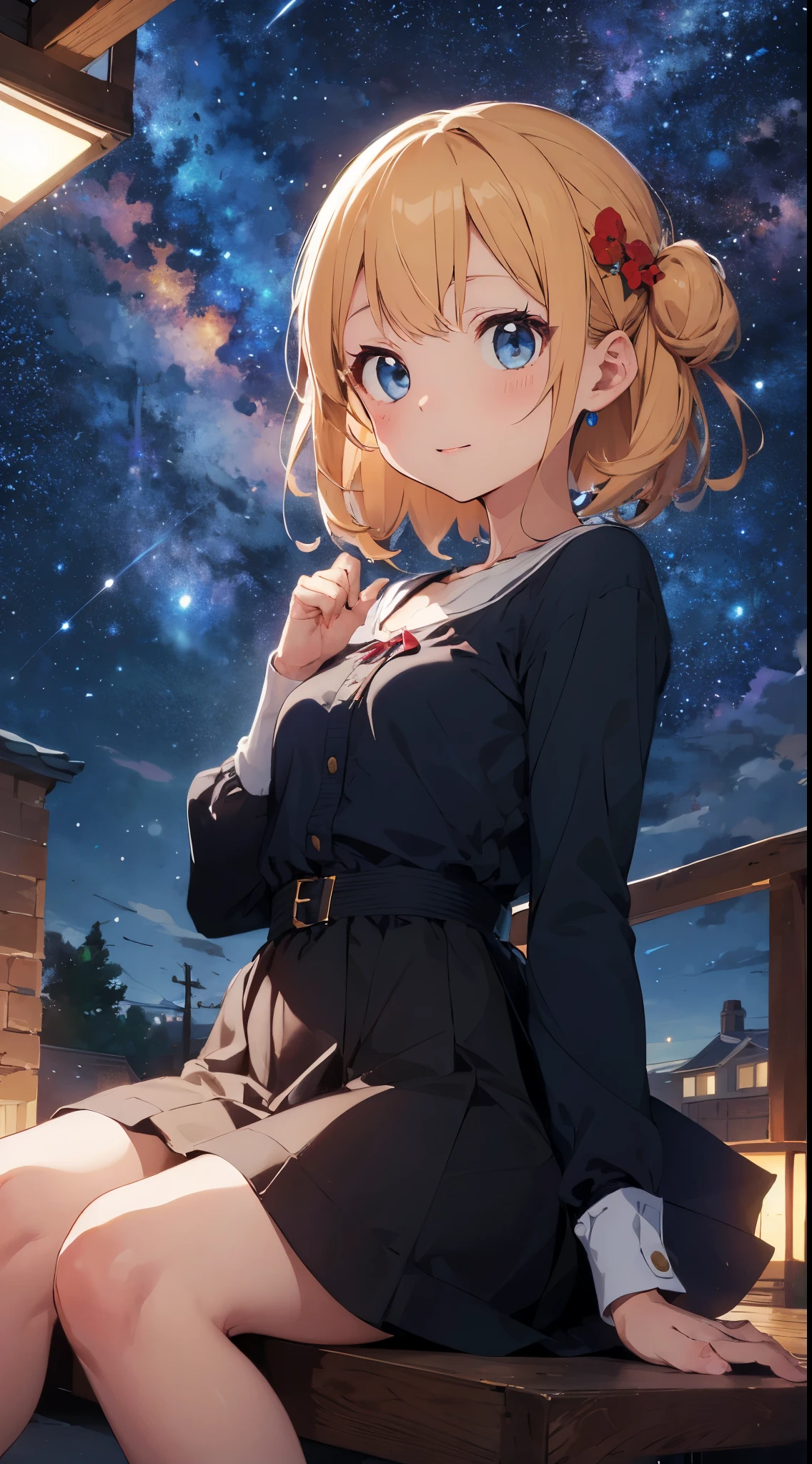 ((top quality)), ((masterpiece)), ((super detailed)), (illustration), (detailed light), (very delicate and beautiful), ,6, baby-faceimatice, ((cute girl:1. 3))、、catch、Sit down and look up、Beautiful dress in every detail、long-sleeve、Ankle-length long skirt、cloaks、Age-appropriate hair ornaments、(Beautiful eyes)、big eye、Blonde with a floating feeling、Ghibli's Worldview、natta、Milky Way Galaxy、Fantastic night sky、a scene from a movie、shooting stars、Grabbing the stars with both hands、Wish on the stars