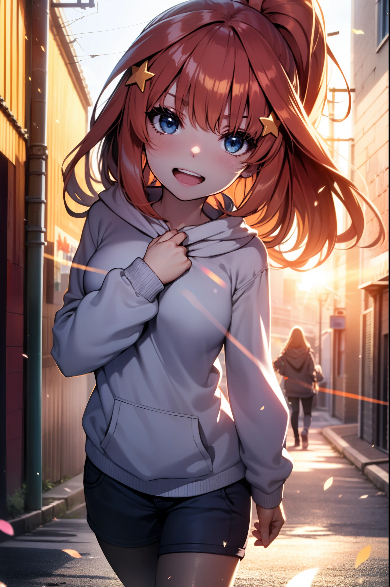 Masterpiece, best quality, perfect lighting, 1girl, solo, orange hair, puffy hair, medium breasts, hoodie, sunset, looking at viewer, slight smile, mature female, blush,