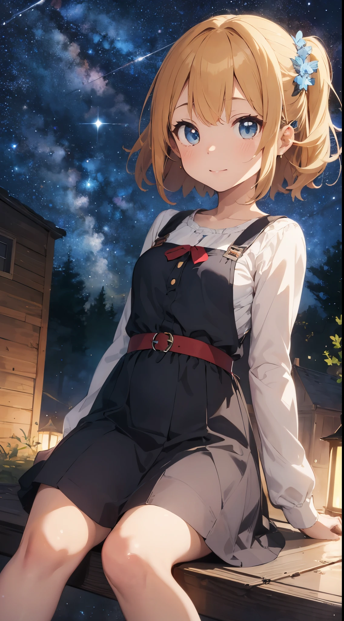 ((top quality)), ((masterpiece)), ((super detailed)), (illustration), (detailed light), (very delicate and beautiful), ,6years old, baby-face,.Animatic Face, ((cute girl:1. 3))、、catch、Sit down and look up、Beautiful dress in every detail、long-sleeve、Ankle-length long skirt、cloaks、Age-appropriate hair ornaments、(Beautiful eyes)、big eye、Blonde with a floating feeling、Ghibli's Worldview、natta、Milky Way Galaxy、Fantastic night sky、a scene from a movie、shooting stars、Grabbing the stars with both hands、Wish on the stars