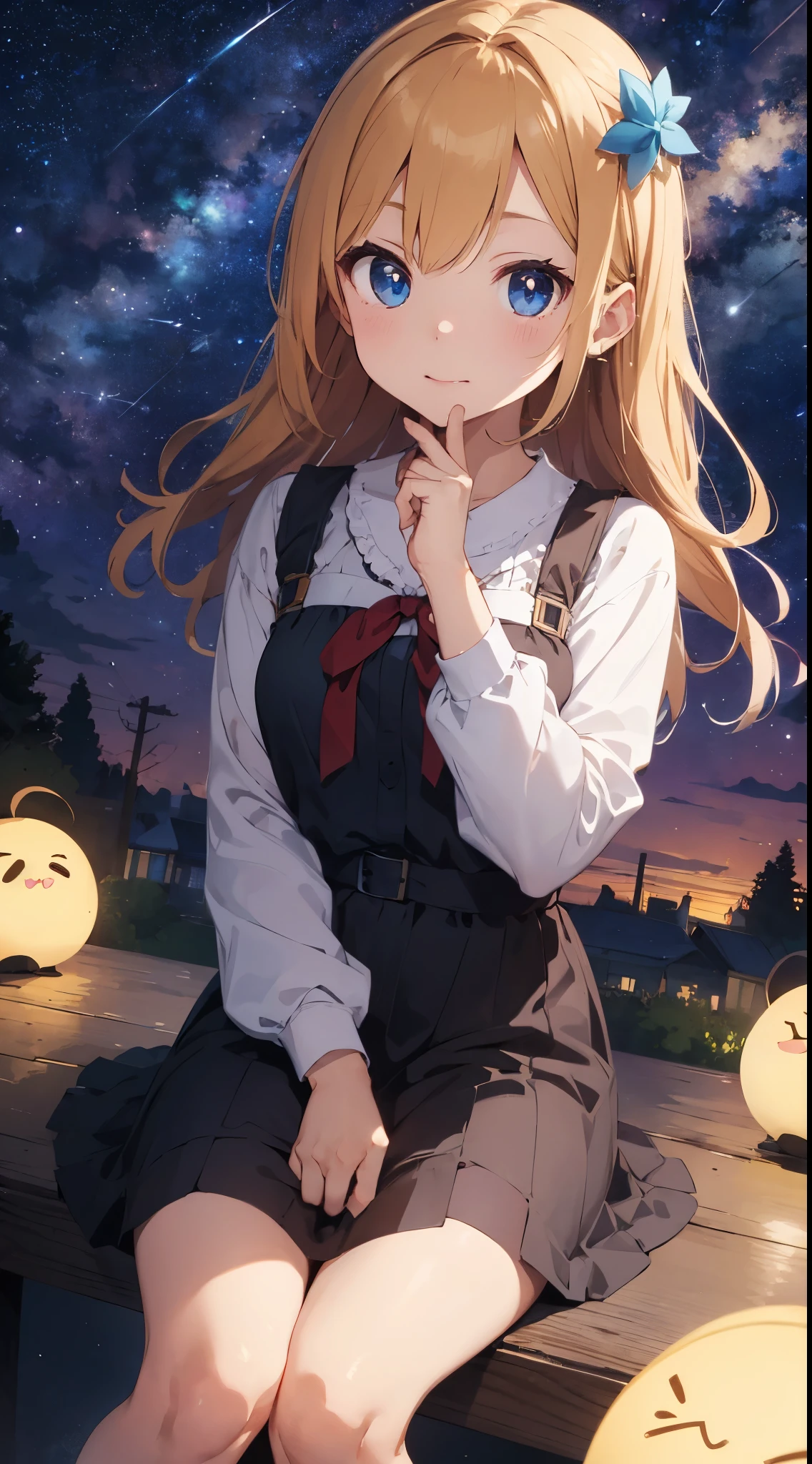 ((top quality)), ((masterpiece)), ((super detailed)), (illustration), (detailed light), (very delicate and beautiful), ,6, baby-faceimatice, ((cute girl:1. 3))、、catch、Sit down and look up、Beautiful dress in every detail、long-sleeve、Ankle-length long skirt、cloaks、Age-appropriate hair ornaments、(Beautiful eyes)、big eye、Blonde with a floating feeling、Ghibli's Worldview、natta、Milky Way Galaxy、Fantastic night sky、a scene from a movie、shooting stars、Grabbing the stars with both hands、Wish on the stars