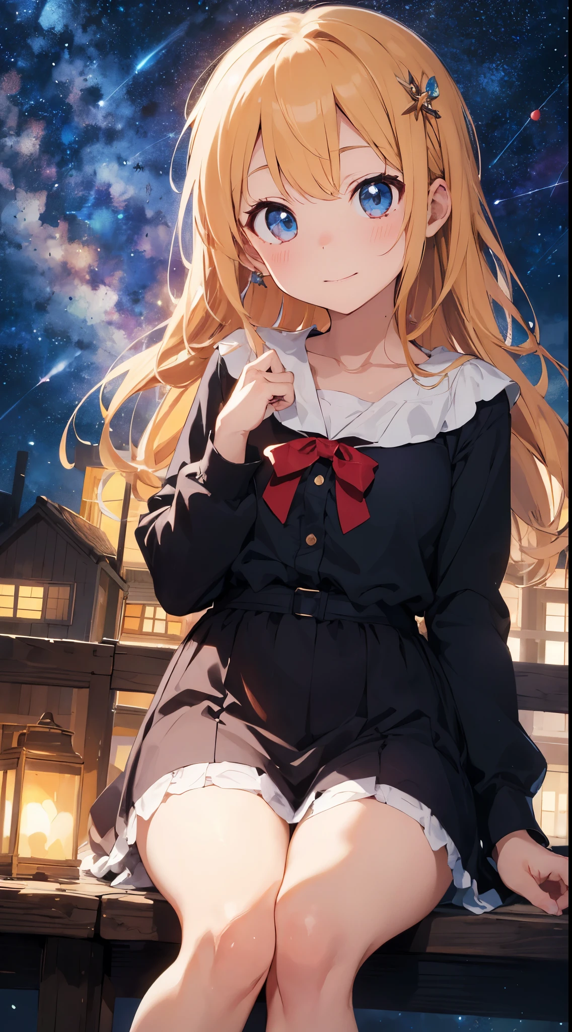 ((top quality)), ((masterpiece)), ((super detailed)), (illustration), (detailed light), (very delicate and beautiful), ,6years old, baby-face,.Animatic Face, ((cute girl:1. 3))、、catch、Sit down and look up、Beautiful dress in every detail、long-sleeve、Ankle-length long skirt、cloaks、Age-appropriate hair ornaments、(Beautiful eyes)、big eye、Blonde with a floating feeling、Ghibli's Worldview、natta、Milky Way Galaxy、Fantastic night sky、a scene from a movie、shooting stars、Grabbing the stars with both hands、Wish on the stars