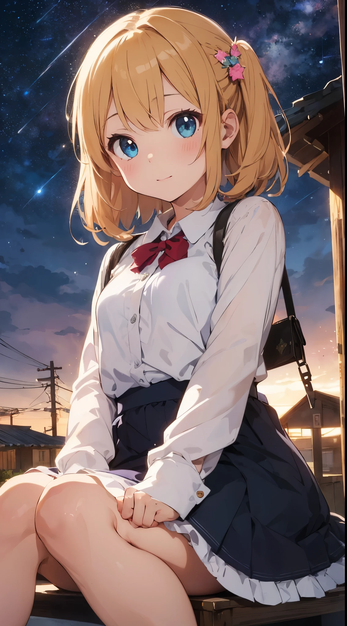 ((top quality)), ((masterpiece)), ((super detailed)), (illustration), (detailed light), (very delicate and beautiful), ,6years old, baby-face,.Animatic Face, ((cute girl:1. 3))、、catch、Sit down and look up、Beautiful dress in every detail、long-sleeve、Ankle-length long skirt、cloaks、Age-appropriate hair ornaments、(Beautiful eyes)、big eye、Blonde with a floating feeling、Ghibli's Worldview、natta、Milky Way Galaxy、Fantastic night sky、a scene from a movie、shooting stars、Grabbing the stars with both hands、Wish on the stars