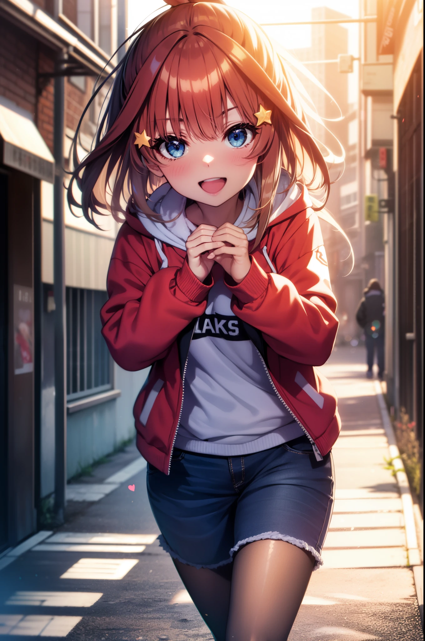 itsukinakano, Itsuki Nakano, bangs, blue eyes,Ahoge, Redhead, star \(symbol\),hair ornaments, star hair ornaments,happy smile, smile, Open your mouth,Short braided hair,Long Hair,ponytail,red oversized hoodie,Shorts,White pantyhose,short boots,(Great Laugh:1.1), (Open your mouth:1.1), Sun glare, Bokeh, Written boundary depth, blurred background, Particles of light, Strong winds, (Heart Particles:1.1)
break outdoors,In town,City Street,Building district , 　　　　　　　　　　　　　break looking at viewer,whole body, (Cowboy Shot:1. 5), break (masterpiece:1.2), highest quality, High resolution, unity 8k wallpaper, (shape:0.8), (Beautiful details:1.6), Highly detailed face, Perfect lighting, Highly detailed CG, (Perfect hands, Perfect Anatomy),