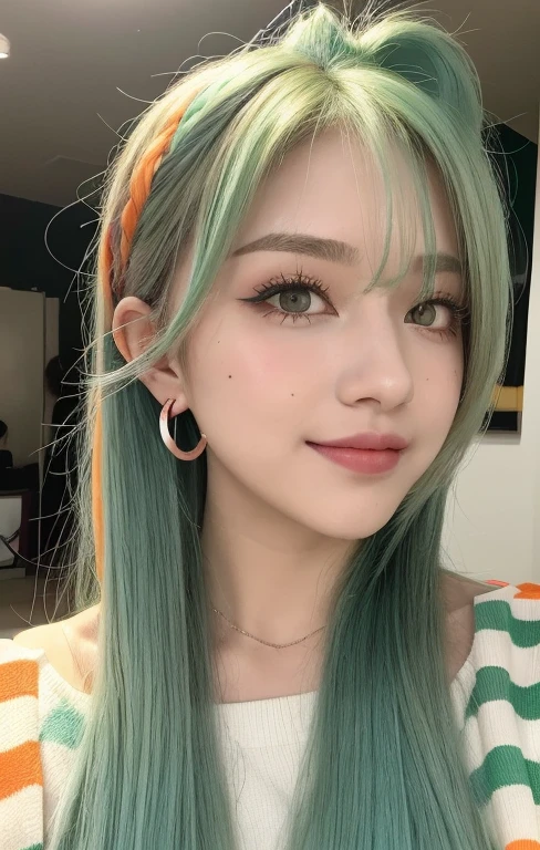 ((Best Quality, 8K, Masterpiece:1.3)), Focus:1.2, Perfect Body Beauty:1.4 , ((:1.2)), (night, Street:1.3), Highly detailed face and skin texture, Fine eyes, Double eyelids, Whitening skin, half dye, ! split hair dye!, dyed hair, mint green and orange, two color hair,), big joyful smile with showing teeth, brilliant glitter makeup with strawberry lips, rosy checks, shiny colorful eyeshadow, winged eyeliner, (shoulder length slightly wavy hair cascading down her shoulders,voluminous hair, long bangs block the view, hair styled pixie braids hair,, mint green and orange, half and half hair dye!!, brilliantly colored, mint green and orange, split dye, half & half hair dye, half and half dye, ! split hair dye!, dyed hair, mint green and orange, two color hair,), (cute heart shape face and a round cheeks),Striped Cartoon Graphic Crop Sweater, cross Earrings up to the shoulders, numerous piercings, cute hair hairband ,chocker, colorful nailpolish, (realistic woman) ,(ulzzang-6500:0.4)
