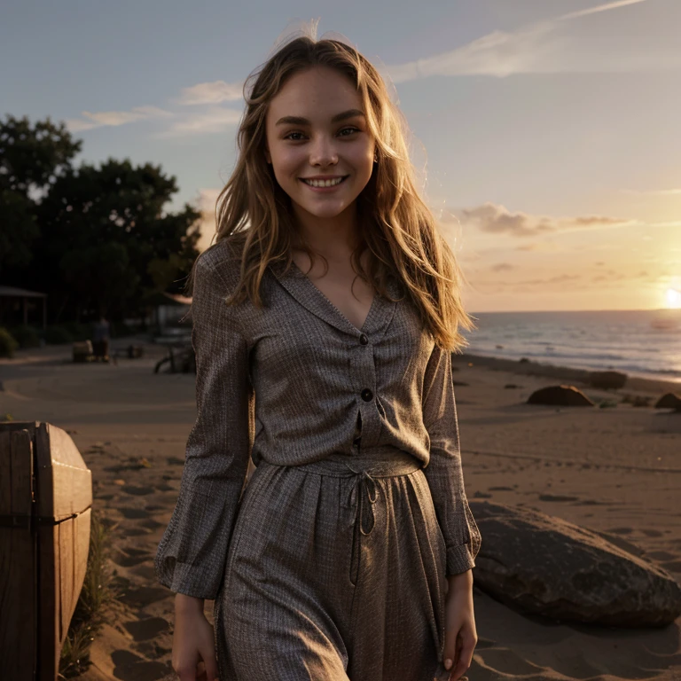 AnnaSophia Robb in a sunset dressed in sensual clothes smiling