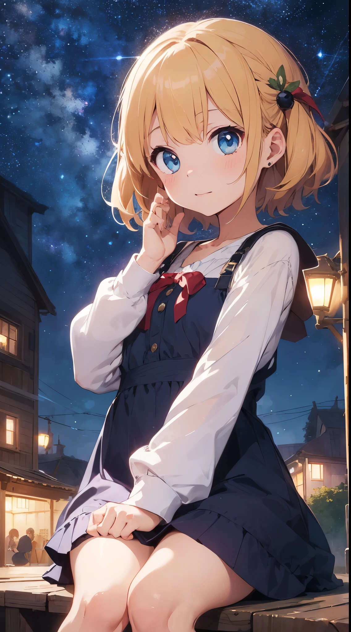 ((top quality)), ((masterpiece)), ((super detailed)), (illustration), (detailed light), (very delicate and beautiful), ,6years old, baby-face,.Animatic Face, ((cute girl:1. 3))、、catch、Sit down and look up、Beautiful dress in every detail、long-sleeve、Ankle-length long skirt、cloaks、Age-appropriate hair ornaments、(Beautiful eyes)、big eye、Blonde with a floating feeling、Ghibli's Worldview、natta、Milky Way Galaxy、Fantastic night sky、a scene from a movie、shooting stars、Grabbing the stars with both hands、Wish on the stars