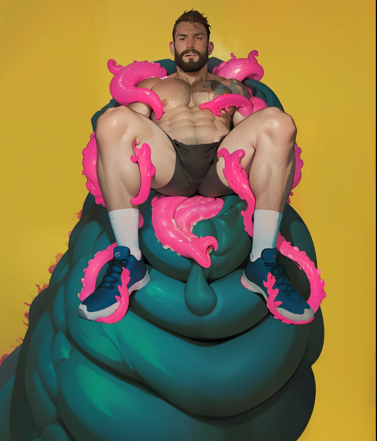 male white 40yo hairy handsome hiker being swallowed by colorful carnivorous plant with teeth and is being digested alive with pleasure he is yelling in pleasure while becoming sexual food to his predator, interspecies, vore, wet, digestion, inside creature, beard, being swallowed, from above, coil, soccer player, underwear, yellow clothes, dilf, excessive cum, mucus, being swallowed, tattoos, bro, he is being engulfed by a mouth, white socks, claws, dirty sweaty socks, sweaty, wet, cum all over body, hairy body, logo socks, tentacles wrapping body, hardcore vore, digestive acids, maw, muscular athletic body, looking at viewer, large bumpy tentacles, tendrils, red slimy tentacles, brown hair, brown eyes,