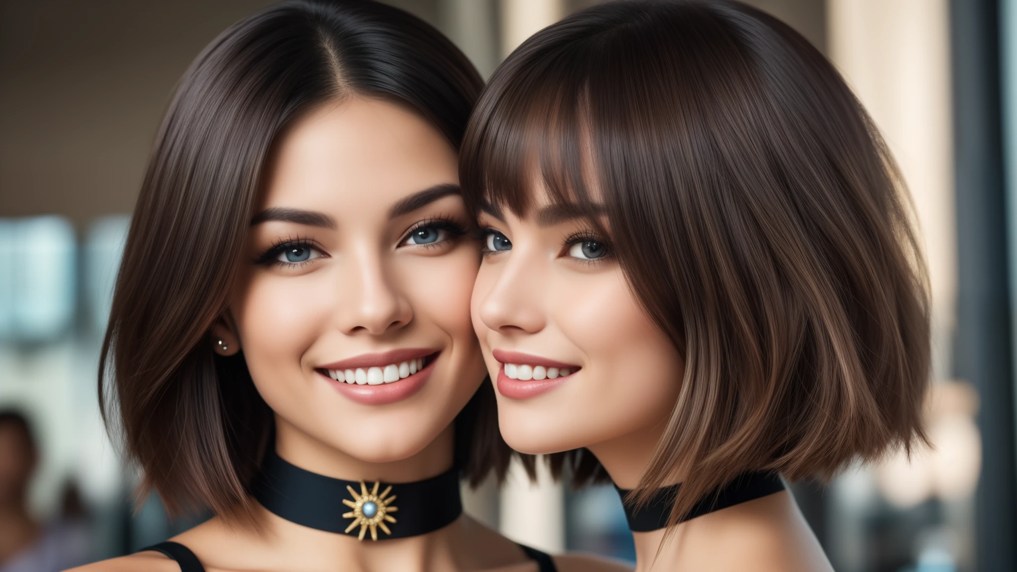 Three girls, bob_cut hair, smiling seductively, choker, (dark eyeshadow:1.1), (red lips:0.95), Sexy smile, (kissing:1.2), masterpiece,best qualtiy,hdr, hyper HD, 8K,Bokeh,Ultra-fine painting,Sharp focus,Physically-based rendering,Extreme detail description,portraitures,full-body photo, , (skin texture:1.1), (high detail face:1.1),high detail body, high detail clothes, perfect eyes, perfect hands, perfect body, perfect hair, (Big breasts:1.3), (EOS R8, 50 millimeters, F1.2, 8K, RAW photo:1.2), photograph by arny freytag