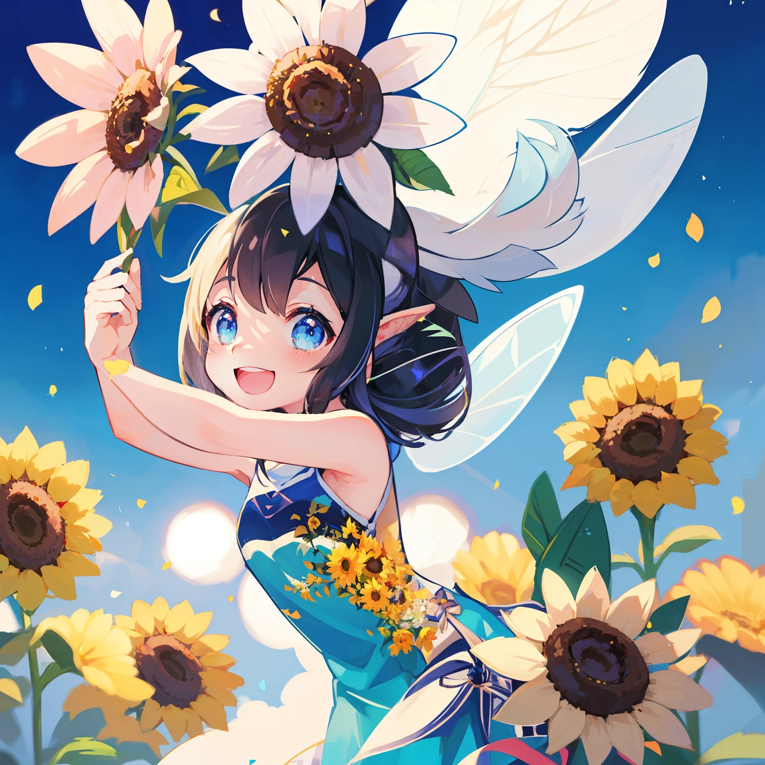 Sunflowers in your hair、Cartoon fairy in a blue dress, Beautiful sunflower anime girl, goddess of summer, season!! : 🌸 ☀ 🍂 ❄, the goddess of summer, pixiv contest winner, Official artwork, Splash art anime , Space Flower Fairy, Elf girl in floral dress, Smiling like a fairy queen, pixiv, pixiv daily ranking、black haired 、