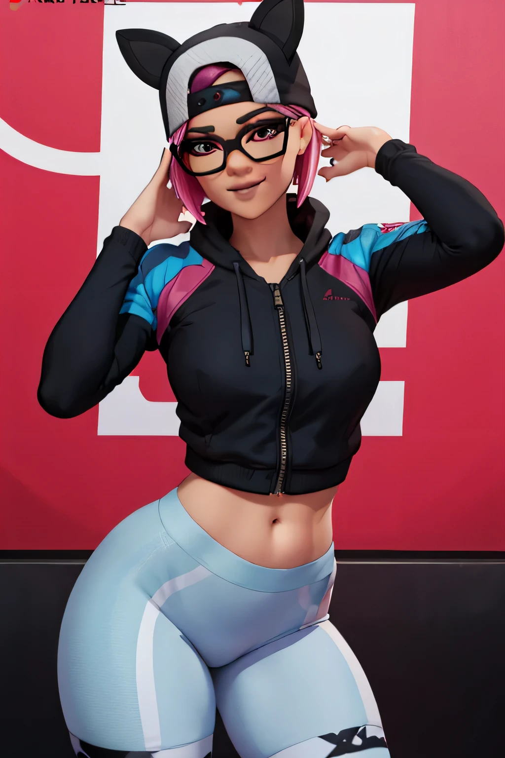 1 chica , de pie, mirando al espectador, alto detallado,Extremadamente detallado, Ojos finos, sonrisa,dynamic pose, pelo corto rosa,gorra,chaqueta negra, guante sin dedos,con curvas, gafas , leggins azul y negro
