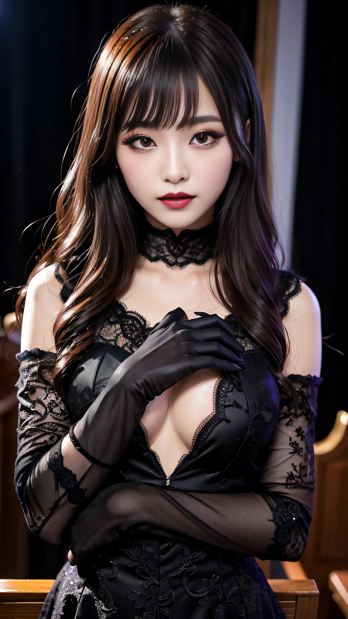 tra-detailed、Japanese、Attractive beauty、seductive adult woman、Pretty Woman、cool girl、brown hair、long wavy hair、swept bangs、piercing eyes、hollow eyes、half-closed eyes、Hollow Eyes、Purple Eyeshadow、black lipstick、black lip gloss、dark makeup、smirk、Evil expression、Black Party dress、Wide sleeves、lace fabric gloves、Evil cadres、Fallen into evil、brainwash、mind control、evil、Church at night、Swear allegiance、Have lipstick、Are standing