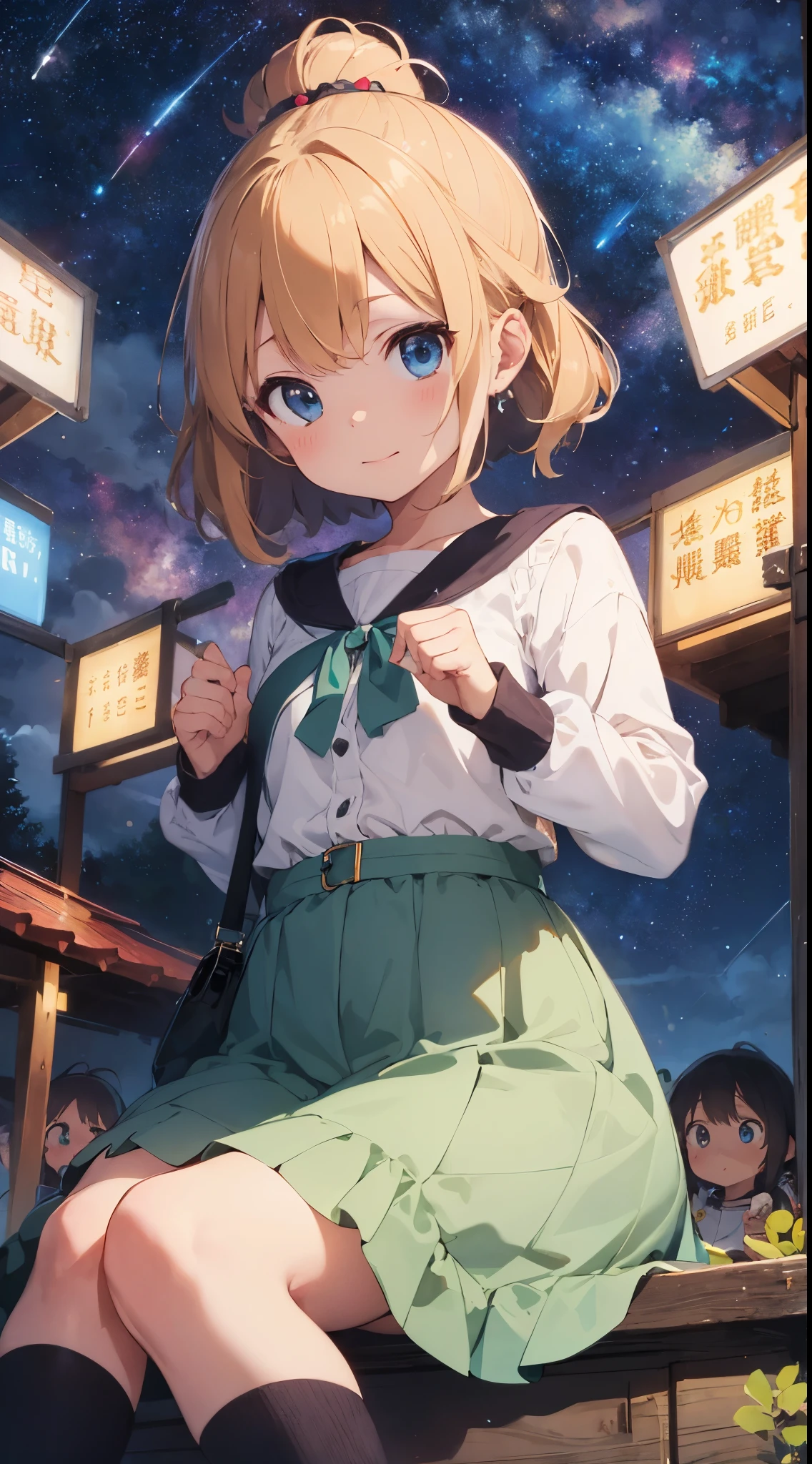 ((top quality)), ((masterpiece)), ((super detailed)), (illustration), (detailed light), (very delicate and beautiful), ,6years old, baby-face,.Animatic Face, ((cute girl:1. 2))、、catch、Sit down and look up、Beautiful dress in every detail、long-sleeve、Ankle-length long skirt、cloaks、Age-appropriate hair ornaments、(Beautiful eyes)、big eye、Blonde with a floating feeling、Ghibli's Worldview、natta、Milky Way Galaxy、Fantastic night sky、a scene from a movie、shooting stars、Grabbing the stars with both hands、Wish on the stars
