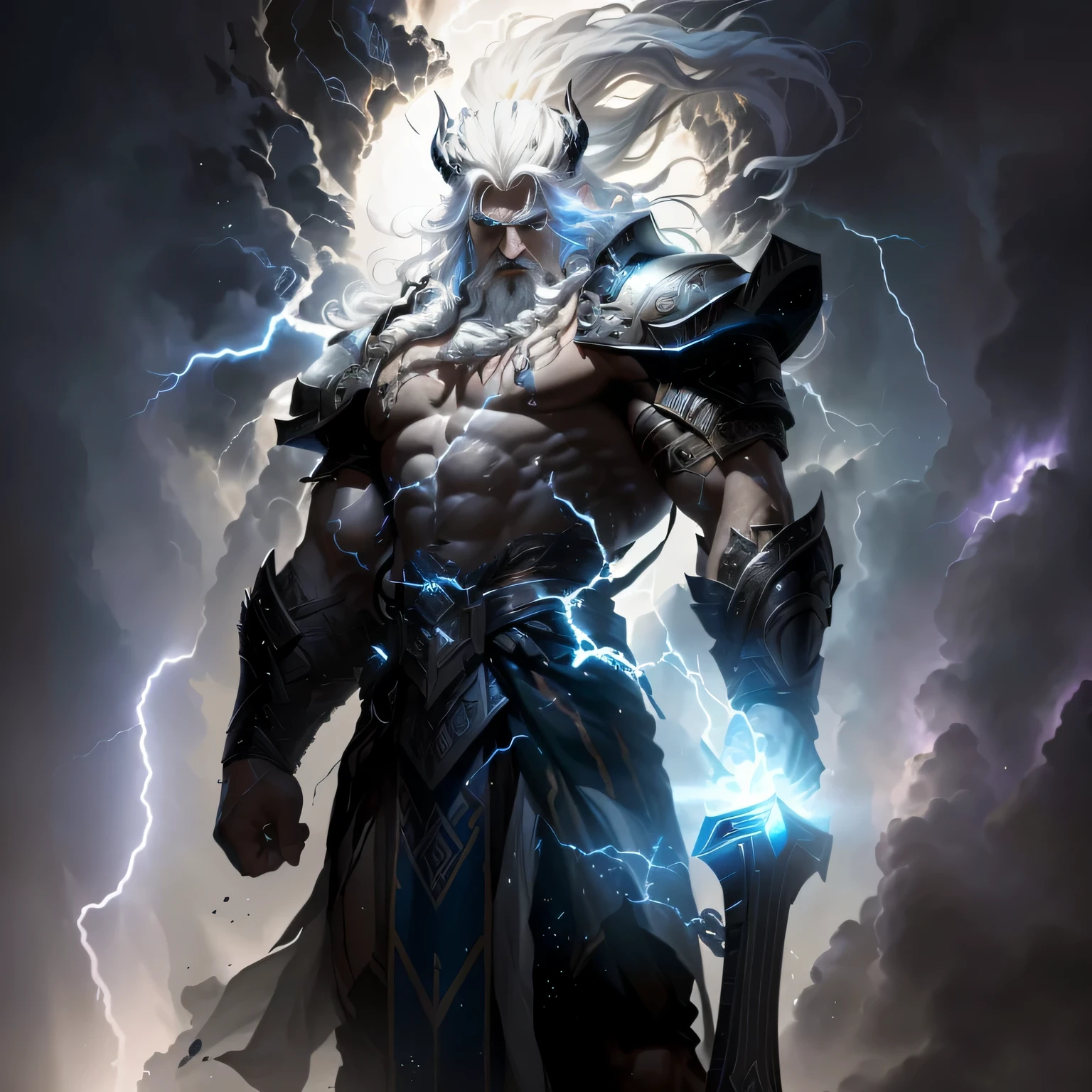 a close up of a man without a sword and lightning in his hand, furious god zeus, the god of thunder, god of thunder, epic scene of zeus, epic fantasy character art, the god zeus, black thor, godrays digital painting, painted portrait of rugged zeus, fit male demon with white horns, norse god, storm egyptian god, without sword