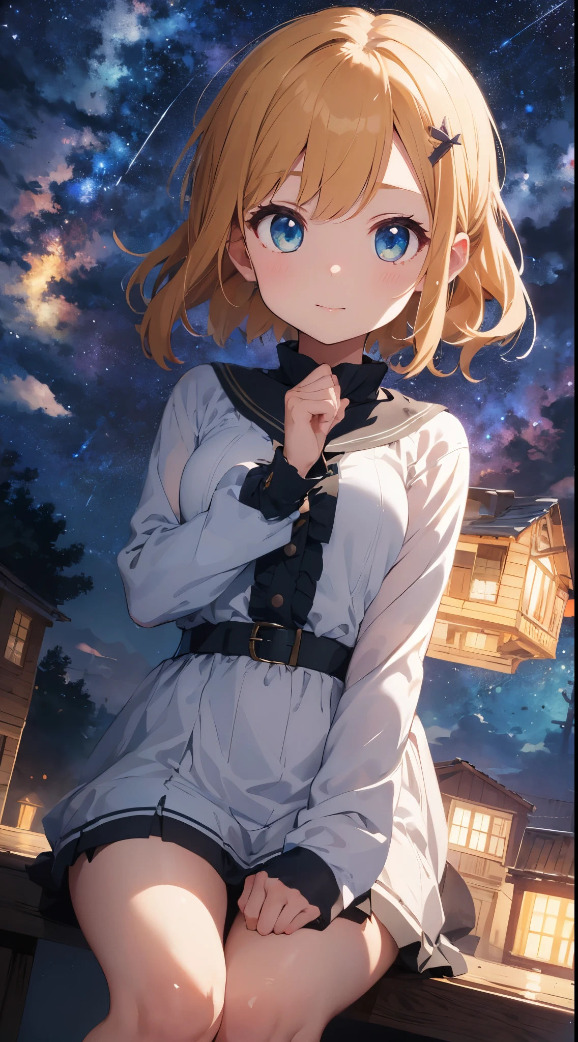 ((top quality)), ((masterpiece)), ((super detailed)), (illustration), (detailed light), (very delicate and beautiful), ,6years old, baby-face,.Animatic Face, ((cute girl:1. 2))、、catch、Sit down and look up、Beautiful dress in every detail、long-sleeve、Ankle-length long skirt、cloaks、Age-appropriate hair ornaments、(Beautiful eyes)、big eye、Blonde with a floating feeling、Ghibli's Worldview、natta、Milky Way Galaxy、Fantastic night sky、a scene from a movie、shooting stars、Grabbing the stars with both hands、Wish on the stars