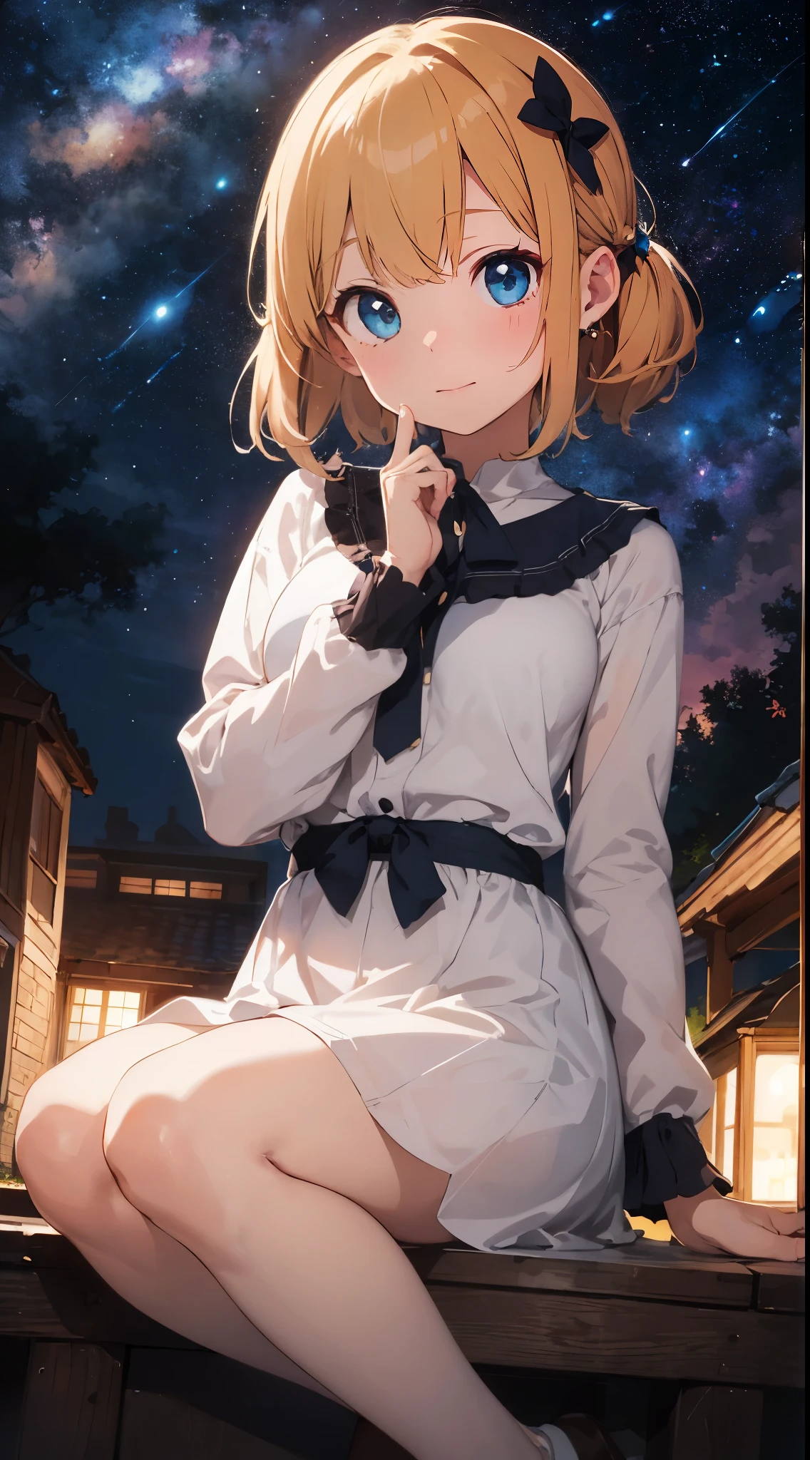 ((top quality)), ((masterpiece)), ((super detailed)), (illustration), (detailed light), (very delicate and beautiful), ,6years old, baby-face,.Animatic Face, ((cute girl:1. 2))、、catch、Sit down and look up、Beautiful dress in every detail、long-sleeve、Ankle-length long skirt、cloaks、Age-appropriate hair ornaments、(Beautiful eyes)、big eye、Blonde with a floating feeling、Ghibli's Worldview、natta、Milky Way Galaxy、Fantastic night sky、a scene from a movie、shooting stars、Grabbing the stars with both hands、Wish on the stars