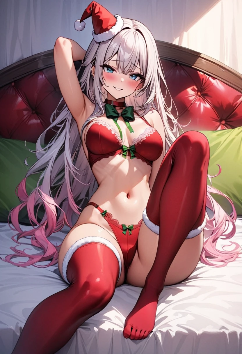masterpiece, 4k resolution, 1 girl, alone, long hair, medium breasts, perky breasts, slender legs, smooth armpit, shirtless, show full body, show entire body, room background, detailed beautiful face, underside of hair pink, green shoes, mary jane shoes, green mary janes, multicolored hair white to bright pink smooth gradient, Display NSFW content, toned stomach, tips of hair bright pink, white bangs, white hair, blushing, lying in bed, squinting, seductive smile, wide smile, light pink tips of hair, highly detailed hair, high quality hair, red thigh high socks, highly detailed socks, slender legs, mini santa hat, red opera gloves, red bra with white fluffy outline, shiny body, highly detailed skin, green ribbon with bow around neck, red bra with white frills, light blue eye color, thick thighs, blushing, bra made of lace, very slender waist, detailed belly button, detailed shins, realistically textured skin, legs spread apart, legs spread wide, arms close to body, detailed feet, very detailed eyes, glowing eyes, bright eyes, red silk sheets, very dim lighting, green pillows, red lipstick, detailed eyelashes, oversized heart shaped bed