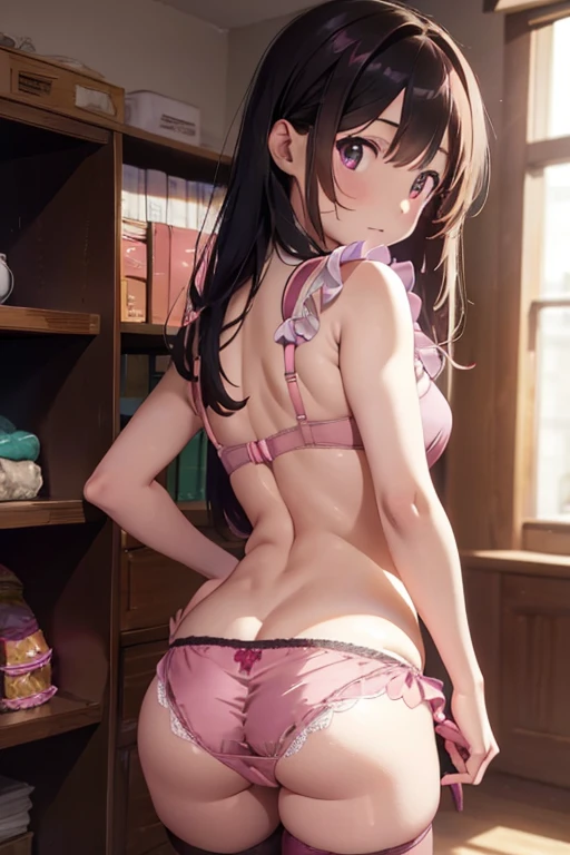 the woman is wearing a Maid clothes standing up on the floor, solo, panties, underwear, skirt, (shiny dark pink satin panties:1.3)、panties that cover the butt、garter belt, lying, thighhighs, skirt lift, looking back, realistic , (butt crack:1.2)