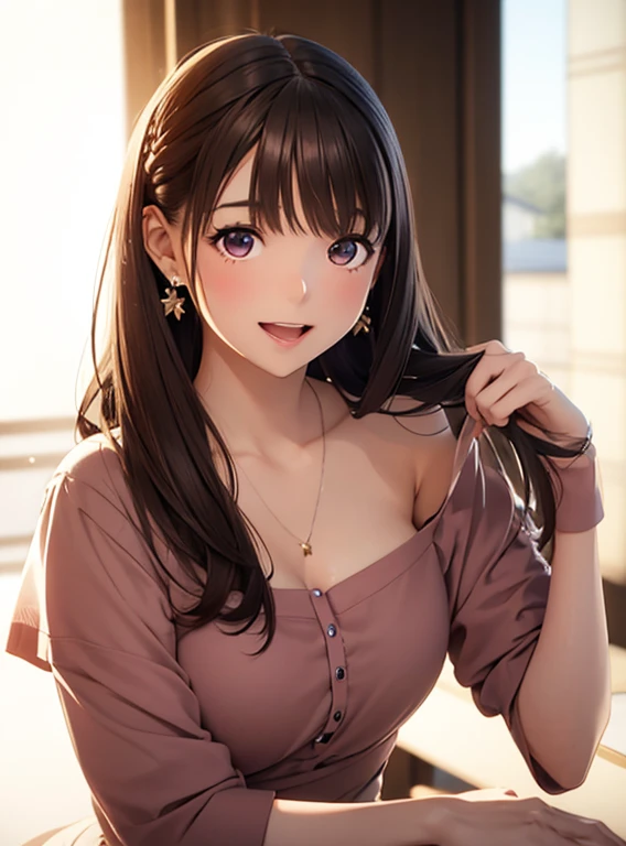 High resolution,In 8K,highest quality,detailed,Semi-realistic anime,Anime 3D Style,Smooth anime CG,One Girl,19-year-old woman in Japan,slim,Modeled,Shiny brown hair,Medium Hair,detailedな顔,Beautiful and detailed,Glowing Skin,Red cut and sew earrings,straggling hair,Angelic hairstyle,Small breasts,((Looking at the camera)),((Open your mouth)),((Laughter))