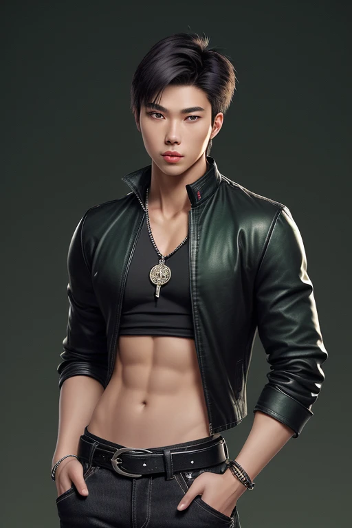 20 year old handsome Asian man athletic build muscular slim black shirt open jacket black denim pants black leather belt with silver buckle tree shape arrow medallion black bead bracelet night New Orleans background brown hair with white green eyes