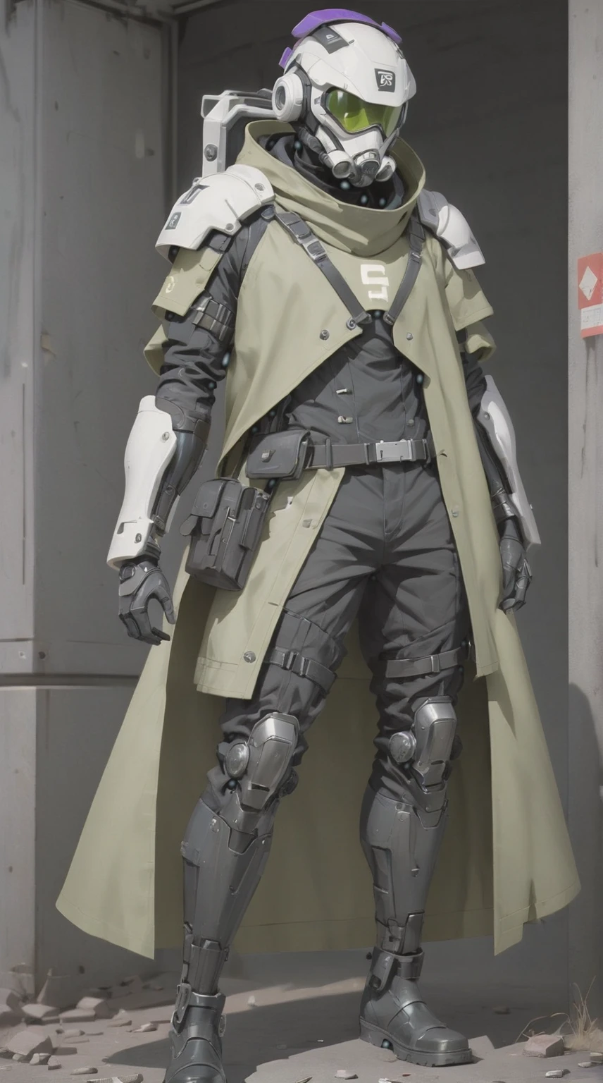 A post-apocalyptic style male survivor, has a white sci-fi helmet sallet, a respirator under the helmet, a closed trench coat, an arm with a black and purple sci-fi gauntlet, knee high boots, black pants, and three layers of torn olive green ponchos, style fallout, Un oc de estilo post apocalyptico, tiene un casco sci-fi inspirado en el Sallet, un respirador bajo el casco, una gabardina cerrada, un brazo con un guantelete sci-fi, botas, pantalones, y tres capas de tela ponchos rasgados, estilo fallout, power armor, male, sci-fi soldier, sci-fi, white helmet, purple visor, olive green coat, white shoulder armor, olive green tunic, post apocalyptic sci fi soldier, Male, man, oversized coat, trench coat