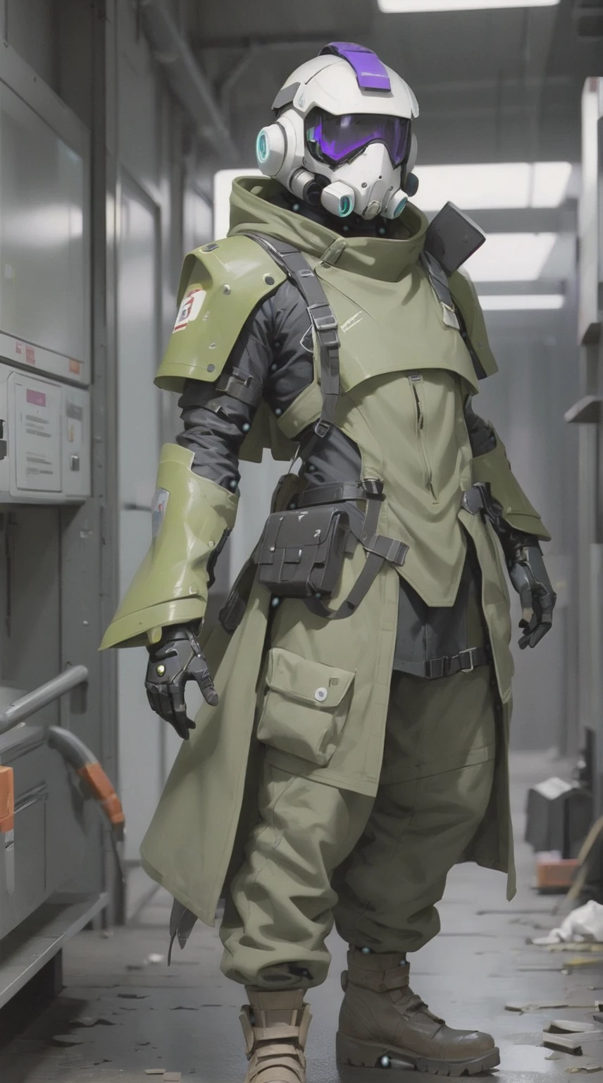 A post-apocalyptic style male survivor, has a white sci-fi helmet sallet, a respirator under the helmet, a closed trench coat, an arm with a black and purple sci-fi gauntlet, knee high boots, black pants, and three layers of torn olive green ponchos, style fallout, Un oc de estilo post apocalyptico, tiene un casco sci-fi inspirado en el Sallet, un respirador bajo el casco, una gabardina cerrada, un brazo con un guantelete sci-fi, botas, pantalones, y tres capas de tela ponchos rasgados, estilo fallout, power armor, male, sci-fi soldier, sci-fi, white helmet, purple visor, olive green coat, white shoulder armor, olive green tunic, post apocalyptic sci fi soldier, Male, man, oversized coat, trench coat