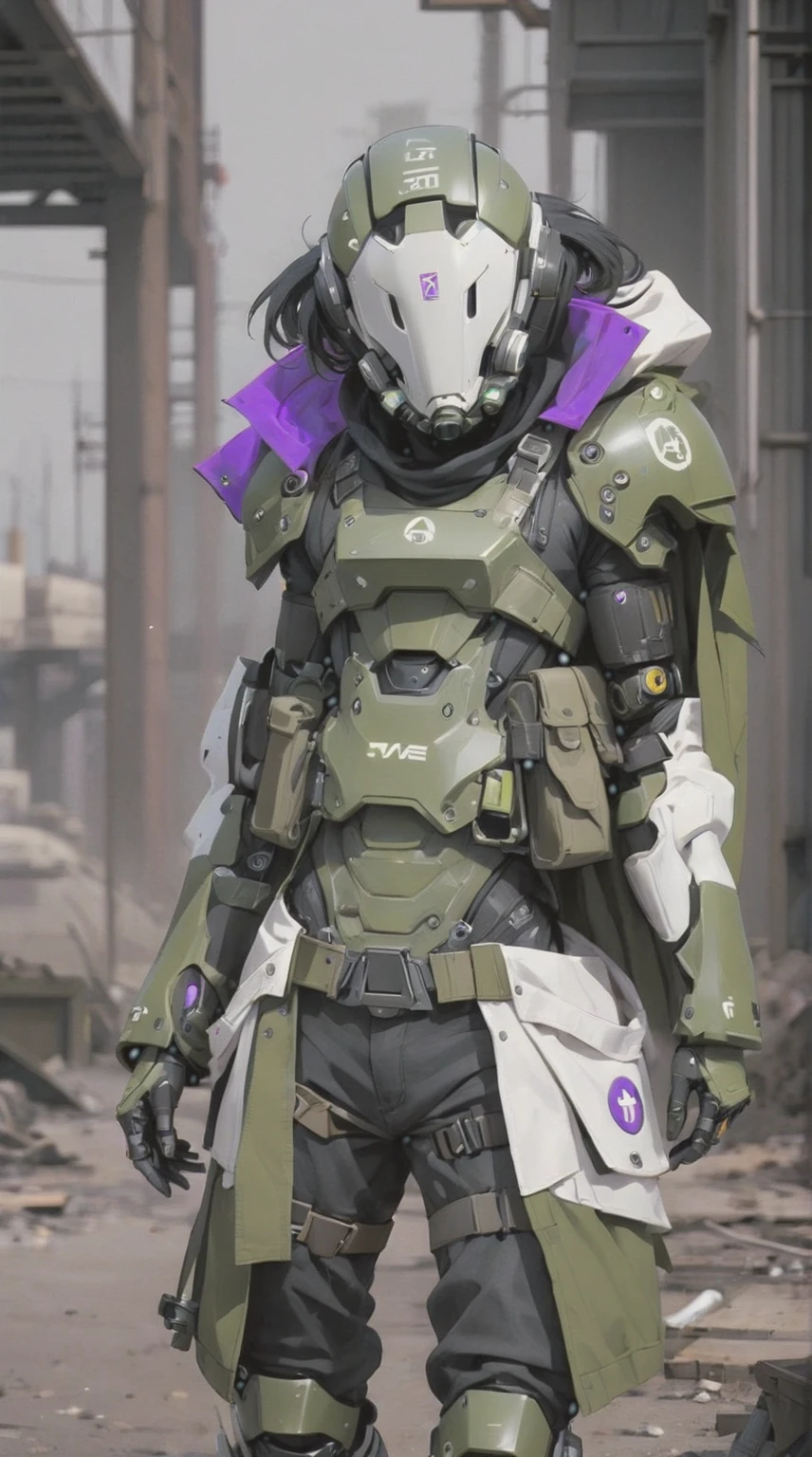 A post-apocalyptic style male survivor, has a white sci-fi helmet sallet, a respirator under the helmet, a closed trench coat, an arm with a black and purple sci-fi gauntlet, knee high boots, black pants, and three layers of torn olive green ponchos, style fallout, Un oc de estilo post apocalyptico, tiene un casco sci-fi inspirado en el Sallet, un respirador bajo el casco, una gabardina cerrada, un brazo con un guantelete sci-fi, botas, pantalones, y tres capas de tela ponchos rasgados, estilo fallout, power armor, male, sci-fi soldier, sci-fi, white helmet, purple visor, olive green coat, white shoulder armor, olive green tunic, post apocalyptic sci fi soldier, Male, man, oversized coat, trench coat