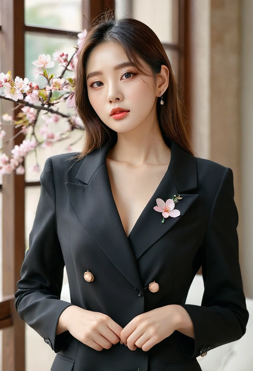 Gentle and beautiful woman, half body photo, delicate and sexy collarbone, charming oval face, double eyelids, smart peach blossom eyes, pink lips, small nose, bare shoulders, focused face, face close-up, ultra-high-definition, super Details, elegant standing, black British college style double-breasted casual loose Korean style small suit jacket, black lace panties, no skirt