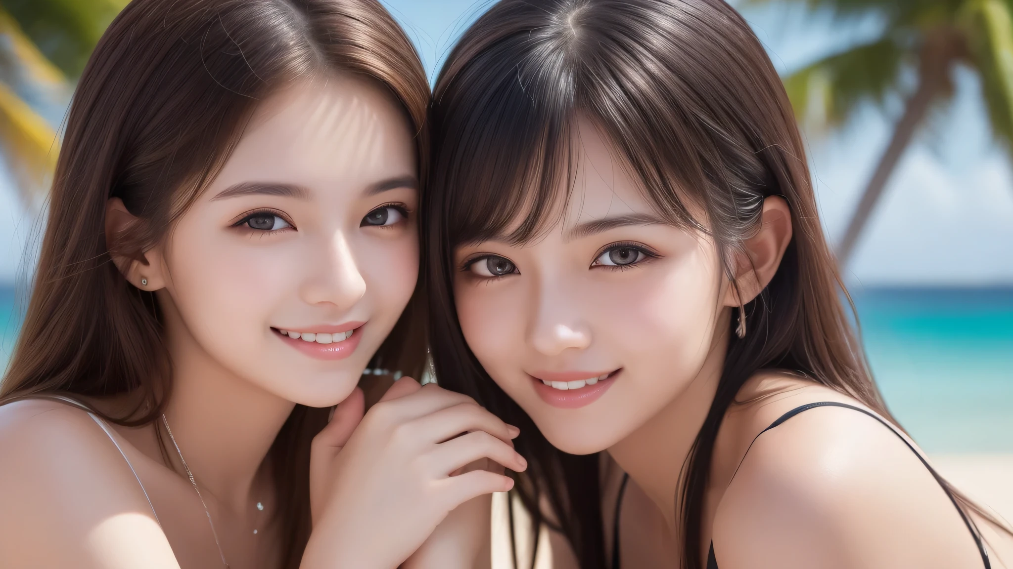 (2girl), (ultimate beautiful girl), cute face, (smiling), (Best Quality:1.4), (Ultra-detailed), (extremely detailed beautiful face), (highly detailed Beautiful face), (extremely detailed CG unified 8k wallpaper), High-definition raw color photos, Professional Photography, Extremely high resolution, fashionable, Highly detailed, bikini, beach, palm trees,