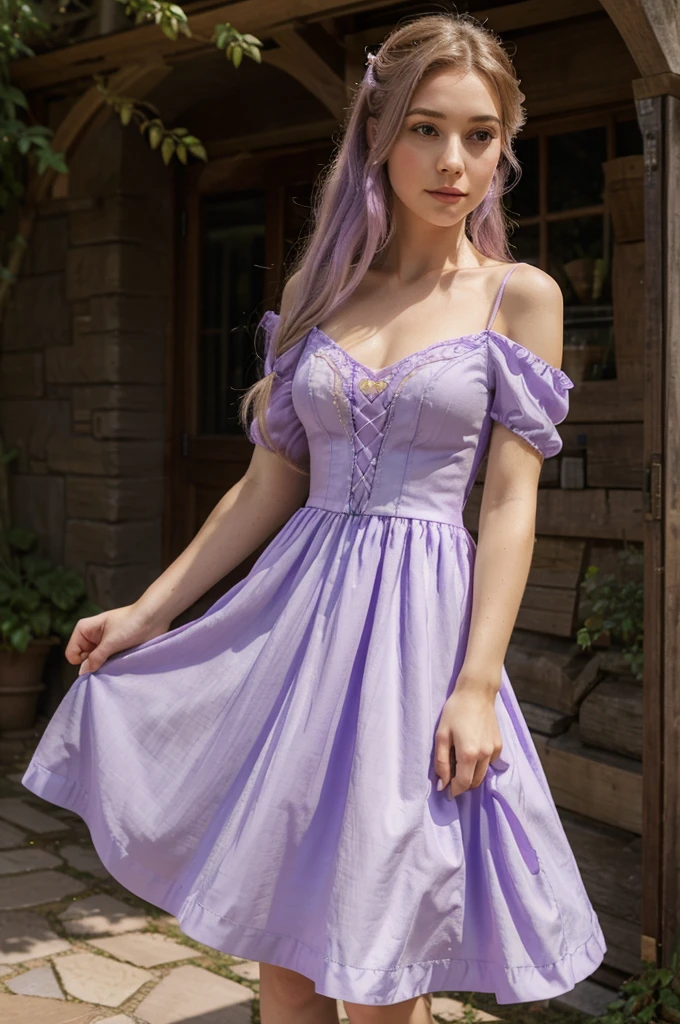 Lilac Rapunzel-style dress with a sweetheart neckline and fabrics hanging from the arm