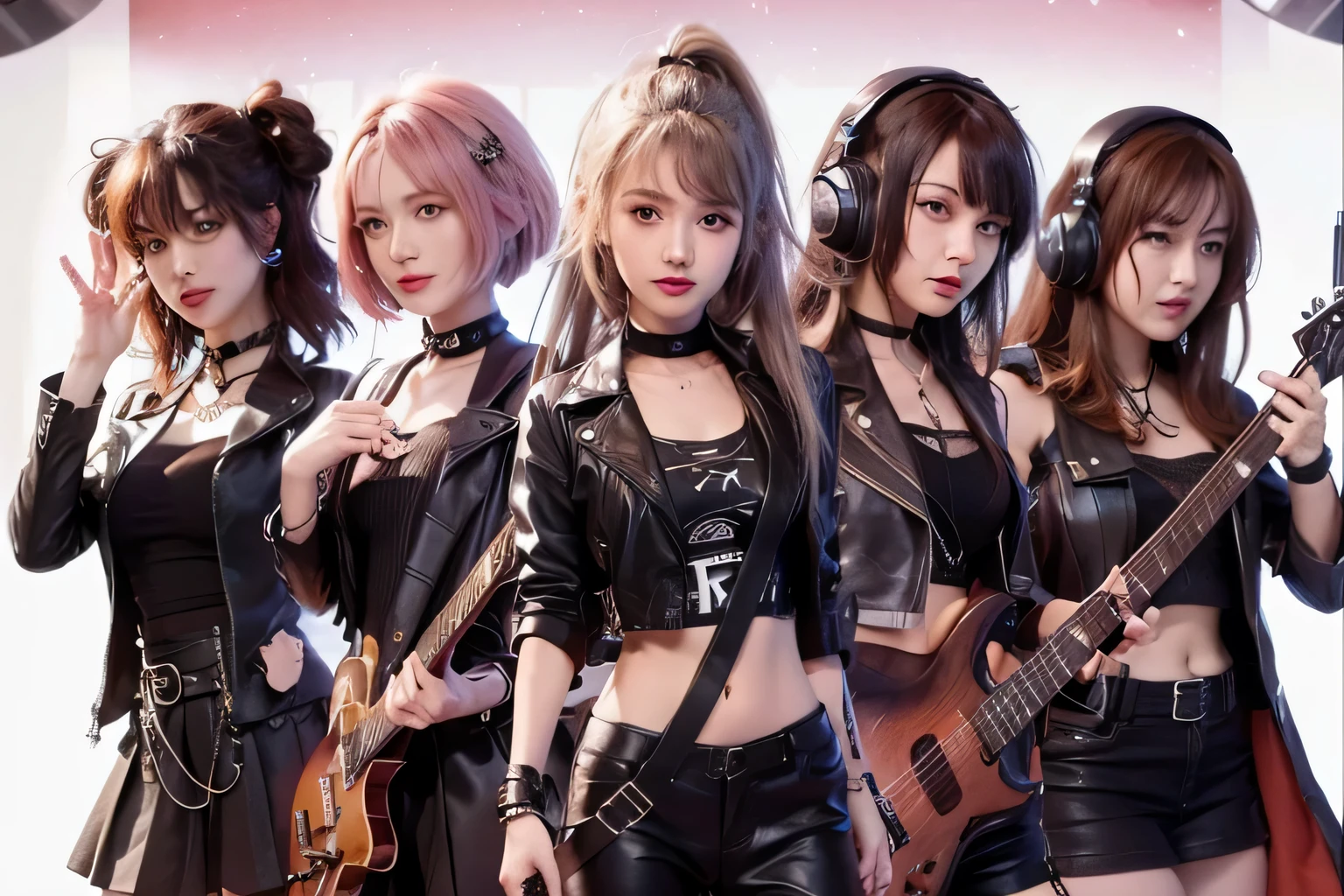 Realistic girls with guitars and leather outfits posing for a picture, girls frontline style, girls frontline universe, fine details. girls frontline, girls frontline cg, girls frontline, m4 sopmod ii girls frontline, from girls frontline, kantai collection style, official artwork, high detailed official artwork, visual novel cg, 4 k, badass 8 k