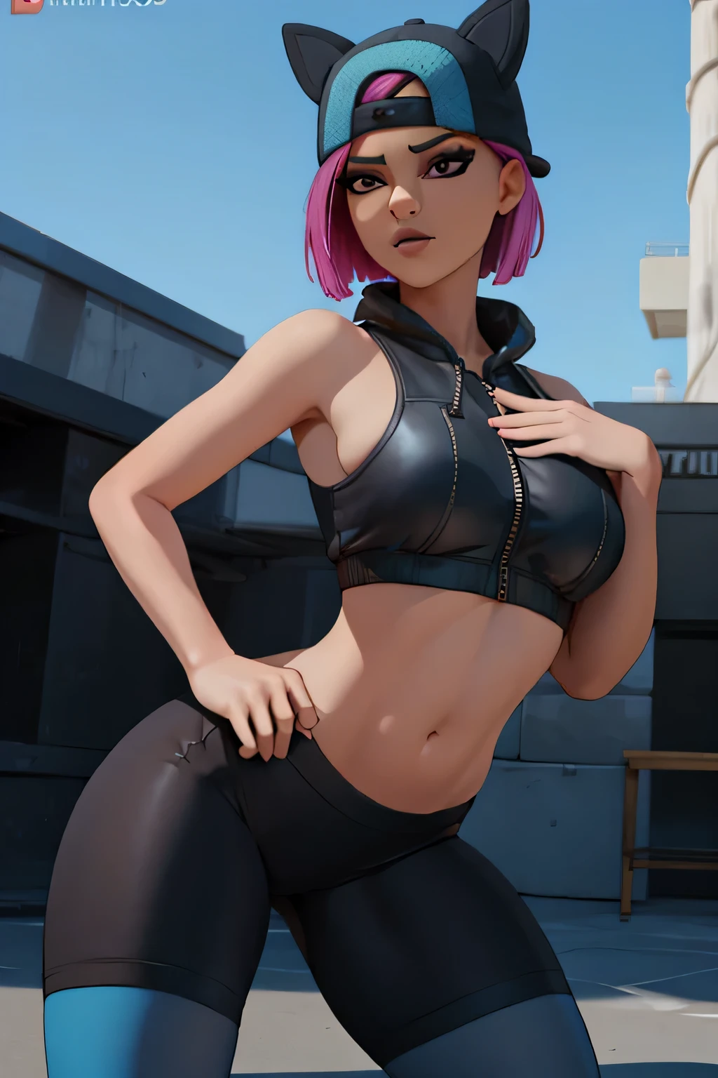 Chica con mascarilla o cubre, mirando al espectador, alto detallado,Extremadamente detallado, Ojos finos,dynamic pose, pelo corto rosa,gorra,chaqueta, guante sin dedos,con curvas, leggins grises negros con Azul