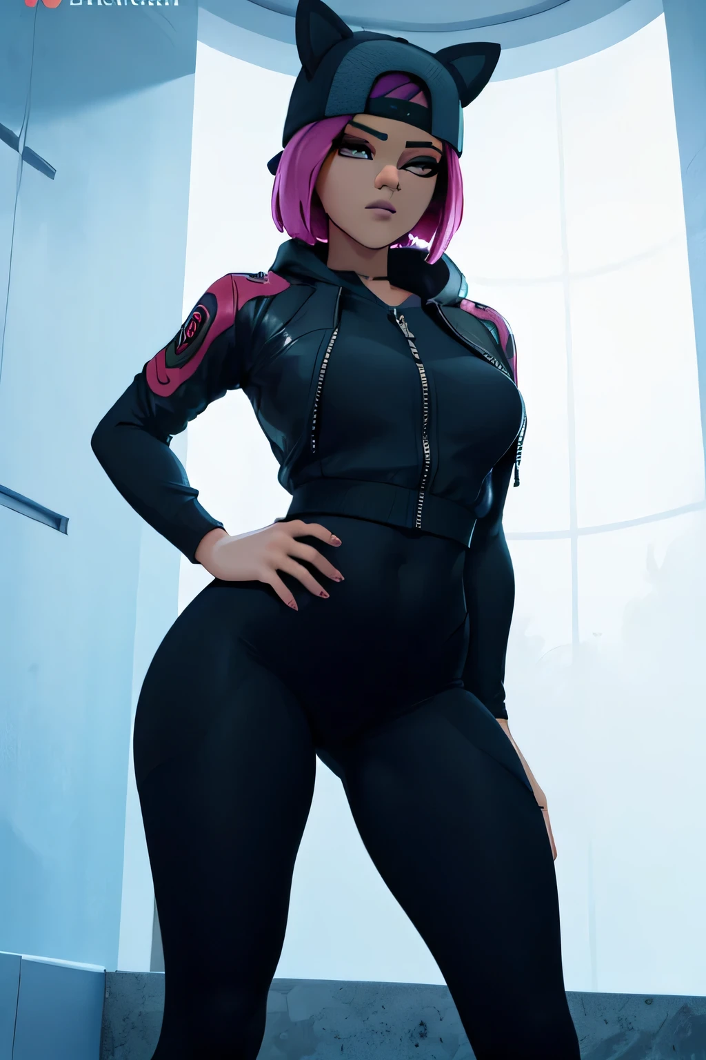 Chica con mascarilla o cubre, mirando al espectador, alto detallado,Extremadamente detallado, Ojos finos,dynamic pose, pelo corto rosa,gorra,chaqueta, guante sin dedos,con curvas, leggins grises negros con Azul