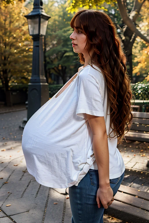 sfw, Italian woman with very long messy auburn hair, long bangs, 30 years old, full body, (tall:1.1), overhang, lithe figure, side view, arched body, arms behind, Central Park, trees, lamppost, bench, people, loose jeans, white scoop-neck t-shirt, long open cardigan, overhead, soft light, warm glow on her face and body, aloof, messy hair, high-detail skin, hdr, (long full wavy hair:1.4), (huge gigantic breasts:1.2)