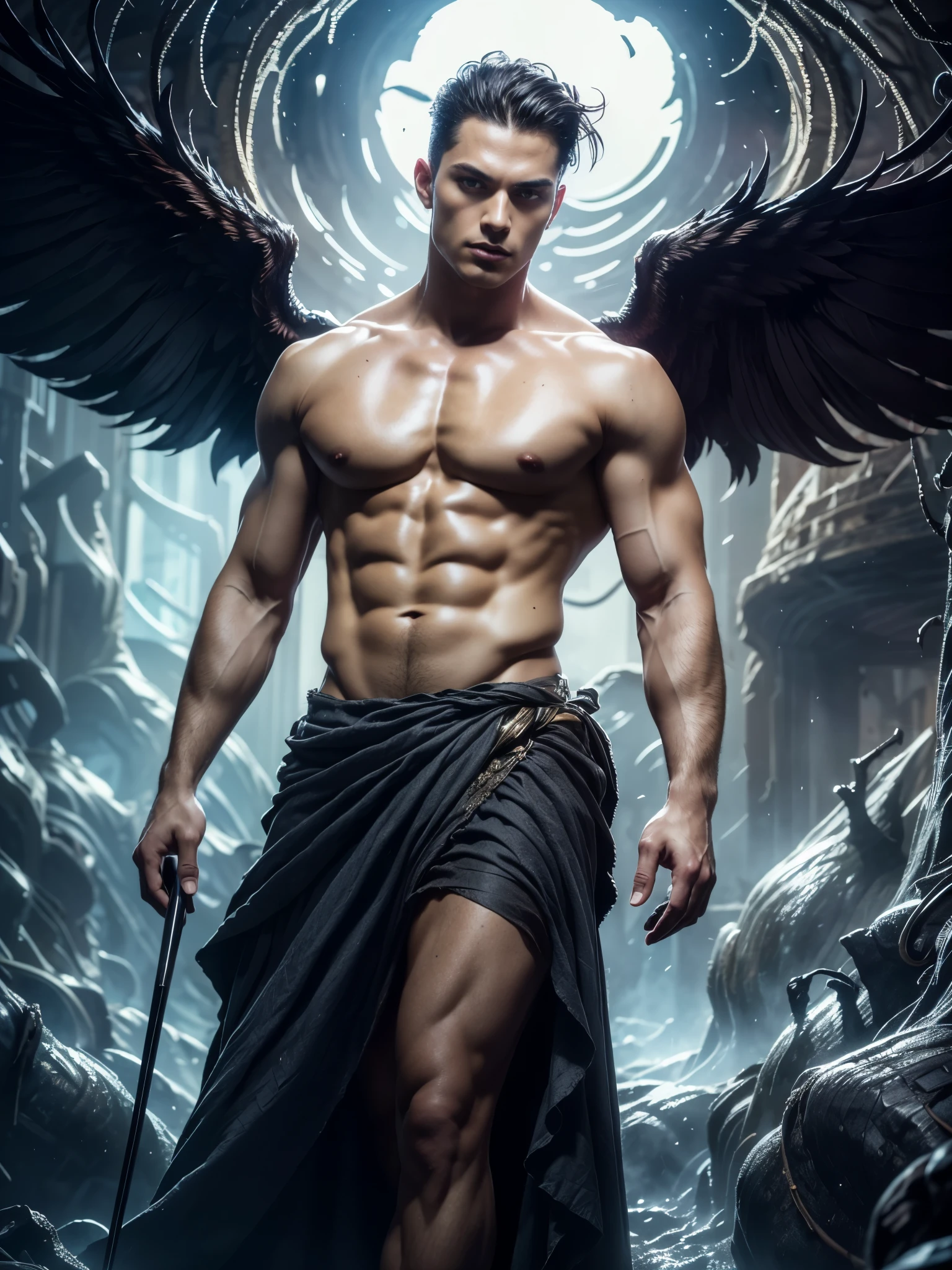 Photorealistic, ((best quality)), ((masterpiece)), (detailed), the devil, masculine portrait of the devil, personification of The Devil, (evil look:1.2), massive huge majestic black angel wings, 18-year-old male model, handsome, tall, cute looking, evil look, dark look powerful, young male model, handsome mythical creature, super strong, muscular, fit, massive muscles, six pack, clean shave, blue eyes. (short wavy messy brown hair:1.4), short messy hair, messy wavy hair, shirtless, barechested, muscle, ripped, strong body, fit body, ancient linen Greek small skirt, (antique black linen raped cloth skirt:1.3) (Dark background:1.25) 8k, high detailed, ultra-detailed, Stylish Pose, real skin texture, dark cinematic lighting, (underground with lava caves:1.4), fire, lava
