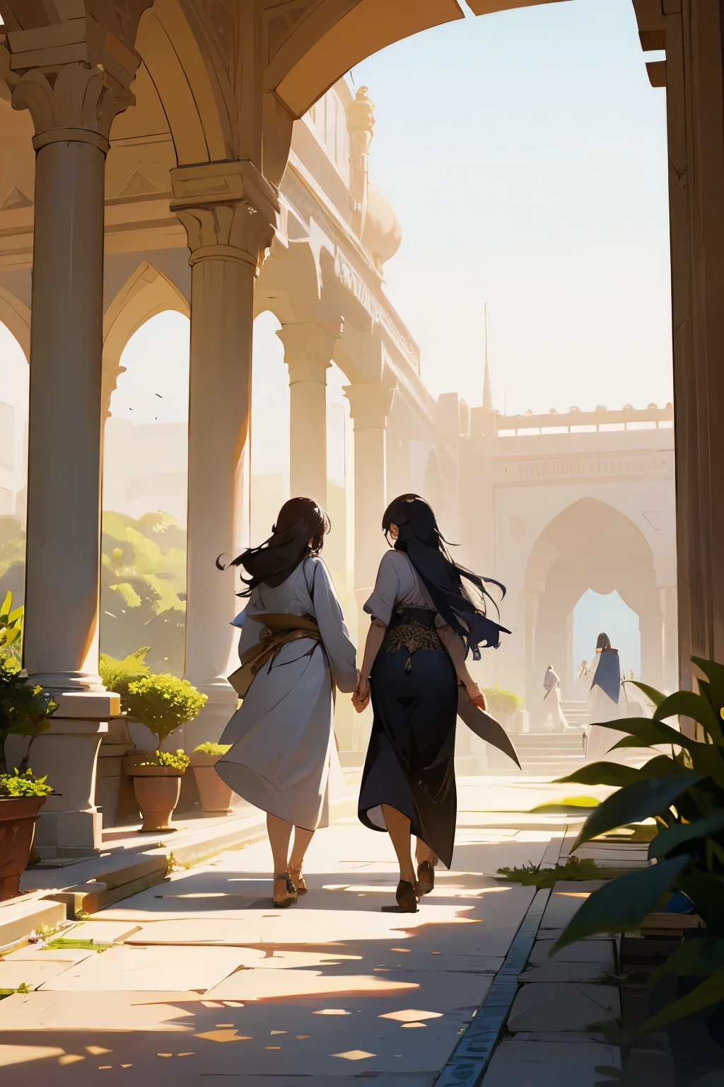 There are two 30-year-old women walking through a garden in an Arab palace.