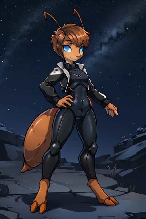 anthro ant, cute, skinny, feminine body, Looking at viewer, night sky background, thin body, black and orange wet suit, short hair, dark blonde hair, slicked haircut, forehead, blue eyes, utility belt, cropped jacket, (2 long ant antenna), insect, arthropod, small arthropod abdomen, tiny breasts, ant feet, proud pose, dripping abdomen 