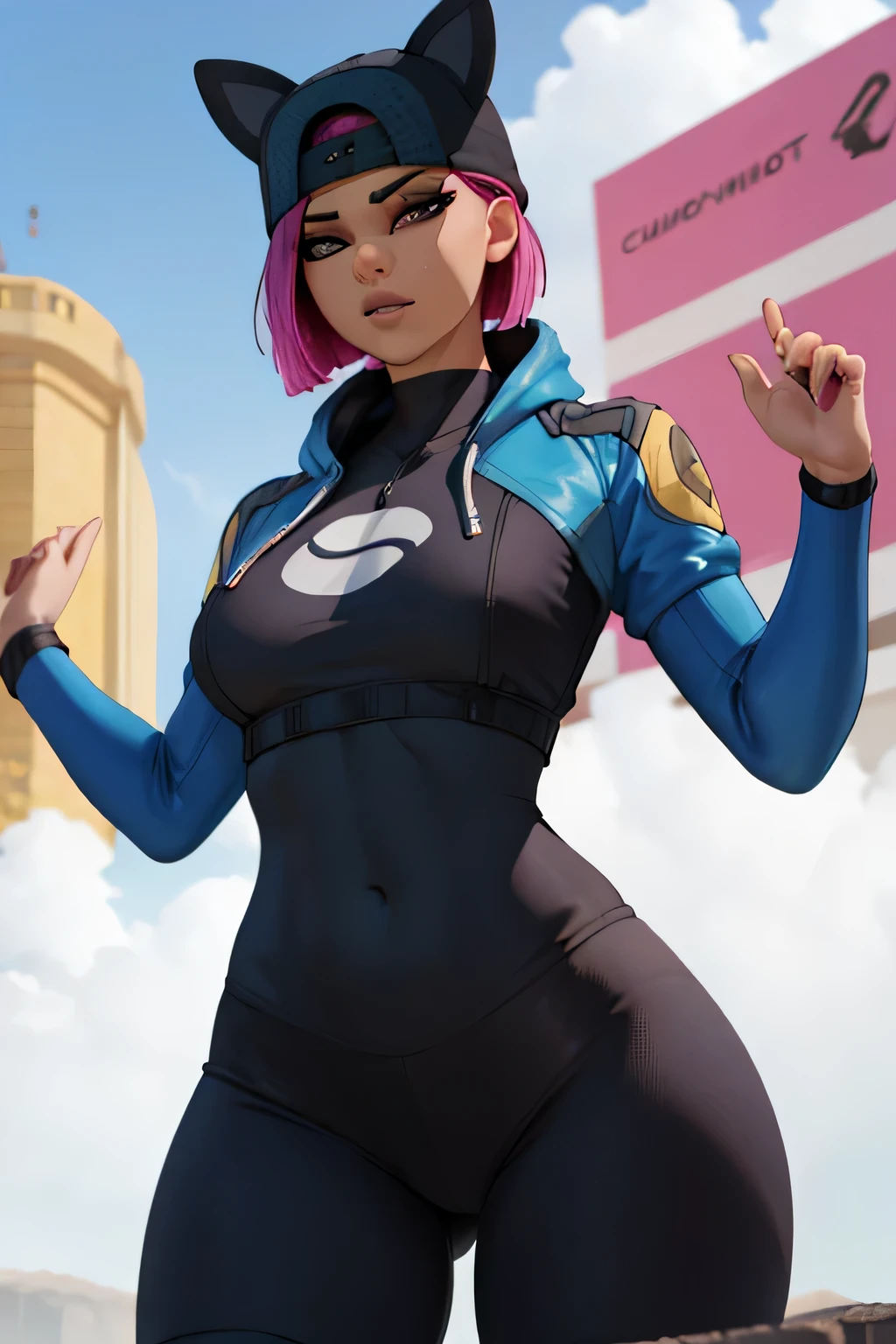 Chica con mascarilla o cubre bocas , mirando al espectador, alto detallado,Extremadamente detallado, Ojos finos,dynamic pose, pelo corto rosa,gorra,chaqueta, guante sin dedos,con curvas, leggins negros con Azul