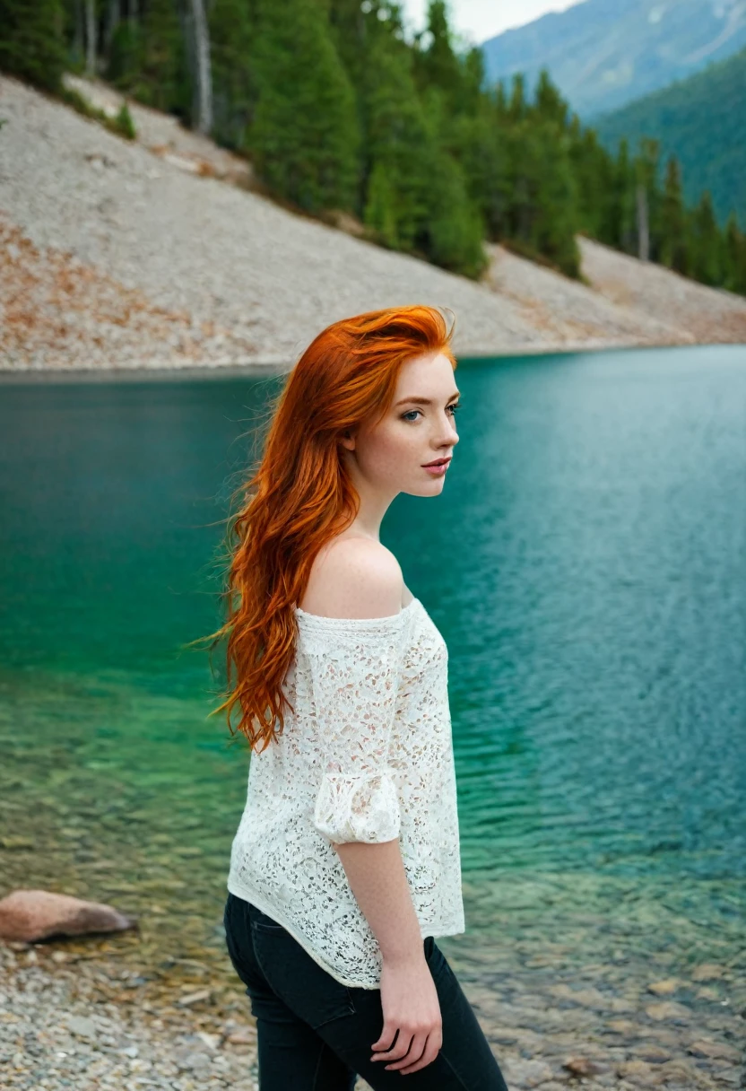 redheaded young woman on the shores of a mountain lake
