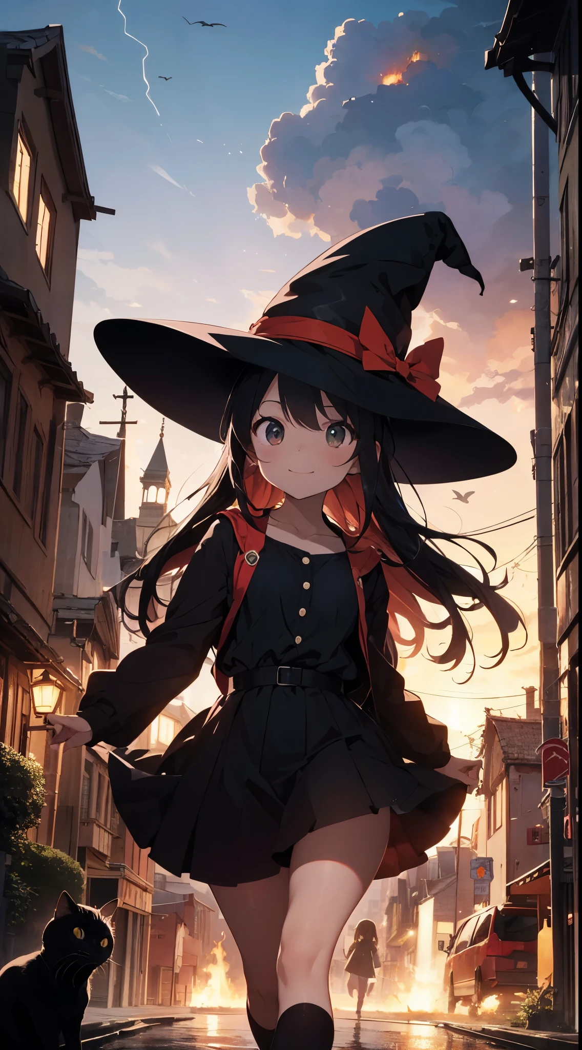 Horror comedy：It's a horror film about witch hunts in medieval Europe.、There is also a comical element。Witch girls are cute and innocent、Get caught up in a witch hunt、Use magic to cause a commotion。The witch hunt scene is not grotesque、It is drawn with a playful feeling。
Pop anime style：The way you draw it is a pop and colorful anime style。The person is not real、Draw as a deformed character。Don't worry too much about the unevenness and texture of the skin、Make your pupils large and distinctive。Although the background is three-dimensional and deep,、No need to draw in detail。
Witch Girl：The main character is a witch girl。I'm about 10 years old.、Features long black hair and green eyes。She wears a black dress and black hat.、Wearing black socks and shoes。Bring a broom and a black cat。The character is bright and curious,、I love magic。however、Magic still doesn't work well、Fails or causes trouble。
composition：Compositions should focus on people。A large witch girl is drawn in the center of the screen、There are magic and strange phenomena happening around。NP、Fly on a broom or fly、Talking to black catanipulate elements such as fire, water, wind, and lightning.。In the background, townscapes, churches and castles from the medieval European era are drawn.、Blur without making it too noticeable。Use bright colors across the screen、Expresses the fun and freshness of summer vacation。climax：In the final scene of the film、A witch girl is about to be burned at the stake in a church.。however、She extinguishes the fire with her magic and runs away。In that case、There are big explosions, flames and smoke in churches and in the city.。People around々Although surprised or angry or afraid、She smiles and flies into the sky on a broom。
perform：The lower half of the screen depicts churches and cityscapes.、Cremators and people々You can see the figure of。The sky is drawn in the top half of the screen、A witch girl is flying on a broom。Flames and smoke rise from the crematorium、Explosions, flames and s