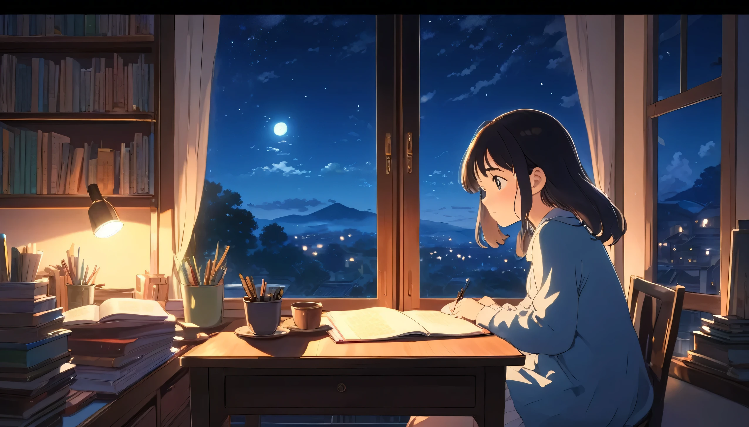 Ghibli style, girl alone at desk studying, night view from room, enraptured expression looking out window, cute anime-like girl, relaxing in room, room filled with warm light