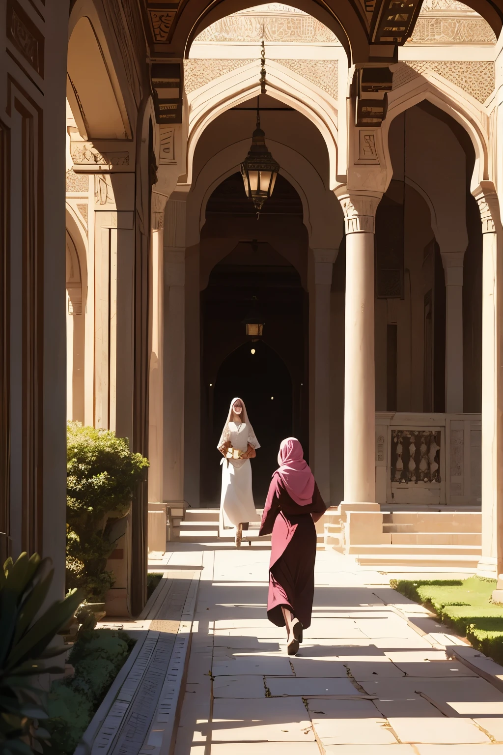 There are two 30-year-old women walking through a garden in an Arab palace.