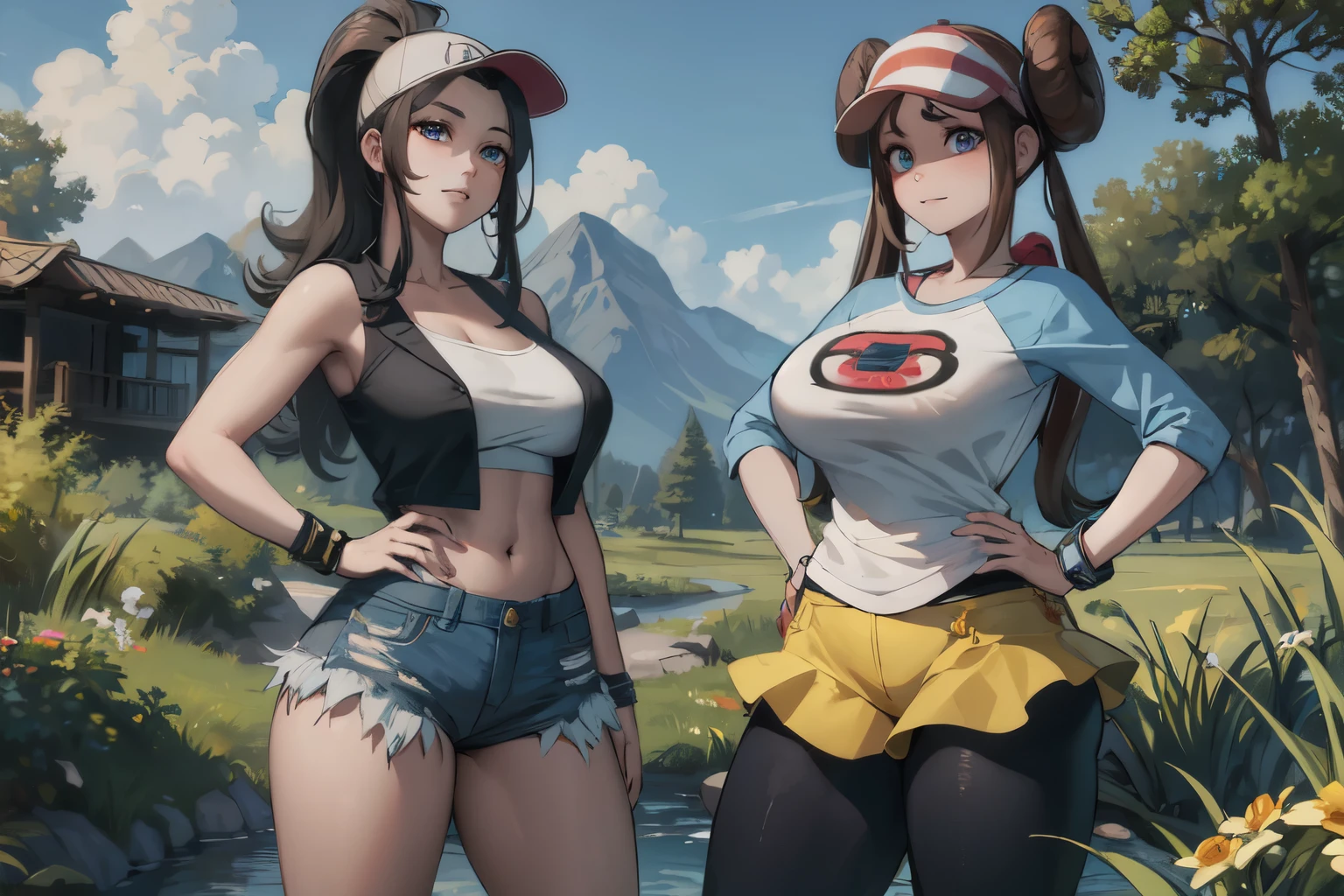 photorealistic, perfect hands, masterpiece:1.2, colorful, 2girls, duo, dynamic pose, town near a forest, detailed face, detailed eyes, looking at viewer, huge breasts, cowboy shot, hands on hips, facing each other