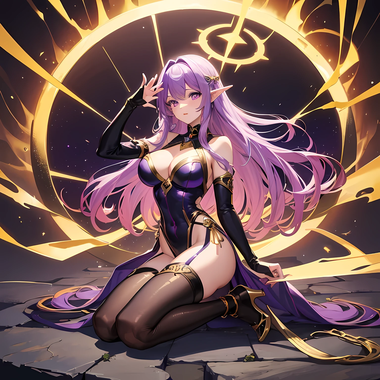 (Best quality, high resolution, masterpiece, high quality eyes) Anime woman, full body, purple eyes, long golden hair ,elf, gold bodysuit, purple high heel boots, purple streaks in hair.