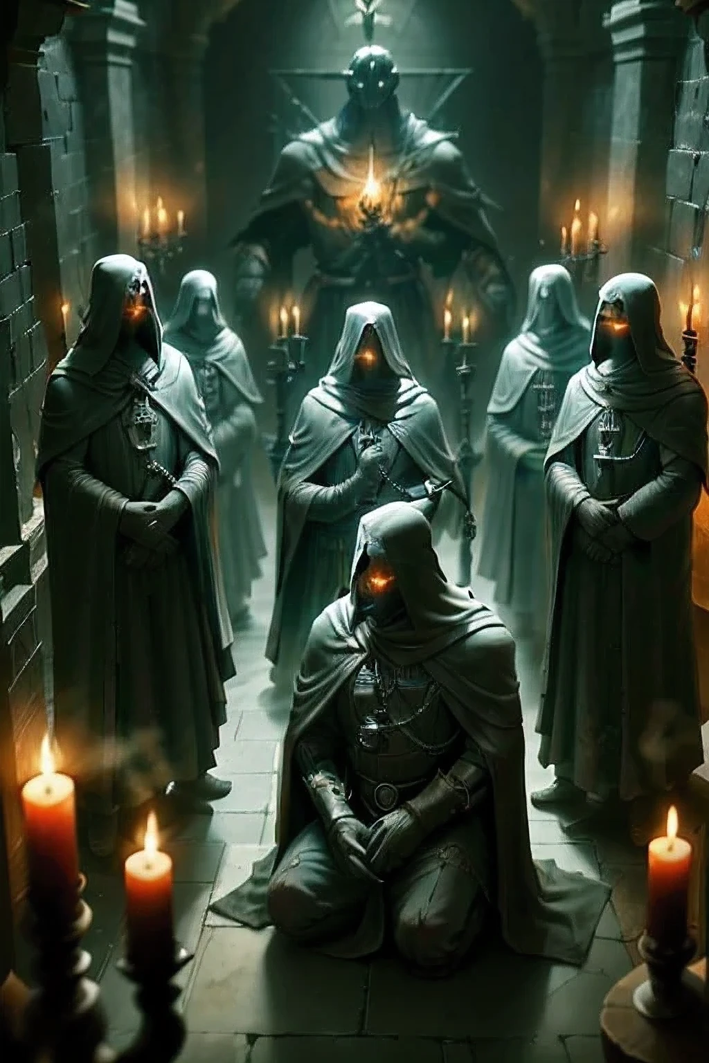 A satanic sect, hidden away from prying eyes, gathers in a dimly lit chamber. Twelve individuals, clad in dark robes, bow their heads in prayer before an obscure statue of Satan. The room is shrouded in darkness, the only source of light being the flickering flames of candles placed at the feet of the statue. The atmosphere is thick with the tantalizing scent of burning incense. The sound of hushed whispers fills the air as the sect members chant ancient rituals, their voices echoing off the worn walls, adding to the dark and ominous ambiance. The power of their faith is palpable, the room vibrating with the intensity of