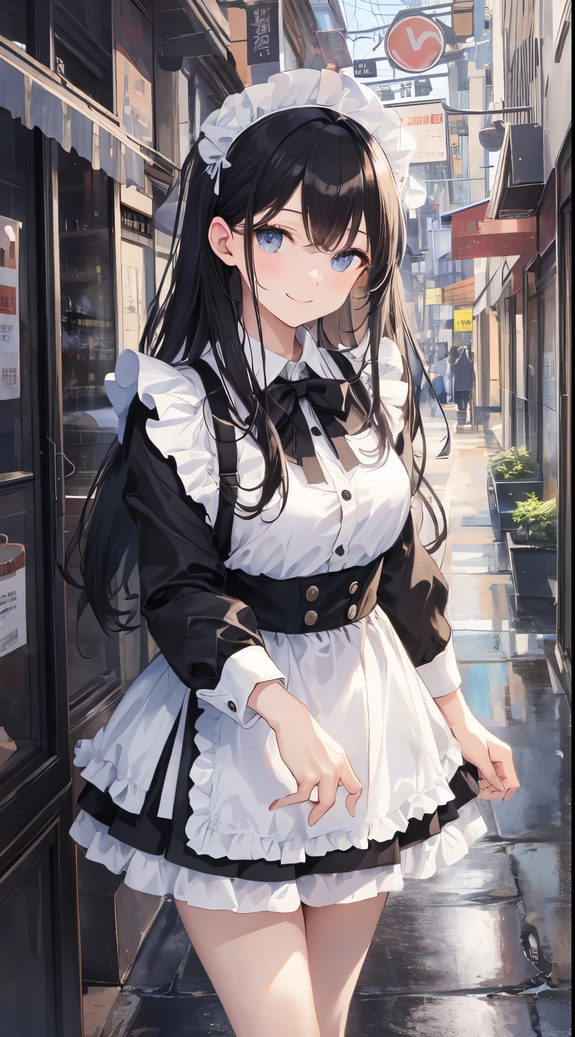 masterpiece、ultra-quality、An ultra-high picture quality、Detailed and delicate depiction、Maid:Cute、Has adorable outstanding looks。Has smooth hair、Her eyes are red and clear、Mote gesture、She's making a turn。Have a bright smile、The uniform is a classic maid outfit of black and white, with a long skirt and ankle-length、The apron looks white and neat.、The skirt is fluffy up on the turn。Background with:The scenery of the city is stylish and calm.、It has a bright, clean and fashionable atmosphere