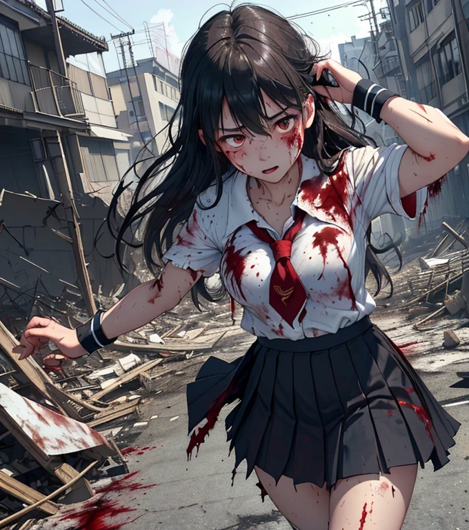 (in 8K、RAW Photos、top-quality、masterpiece:1.2)、(realisitic、Photorealsitic:1.37)、ultra-detailliert、超A high resolution、(Giant Dragon:1.2)、Beautiful 15-year-old high school girl in Japan attacked by a giant dragon in devastated Tokyo、terrified expression、School Uniforms、 Uniform、(Torn and dirty tattered sailor suit:1.2)、disheveled clothing、ripped fabric、(Clothes with blood stains:1.2)、Short pleated skirt、(Torn skirt:1.2)、Dirty hair、smudged face、(skin stained with blood and dust:1.2)、Running through the rubble、building crumbling、Burning flame、stunningly beautiful face、dynamic ungle、Dynamic Lighting