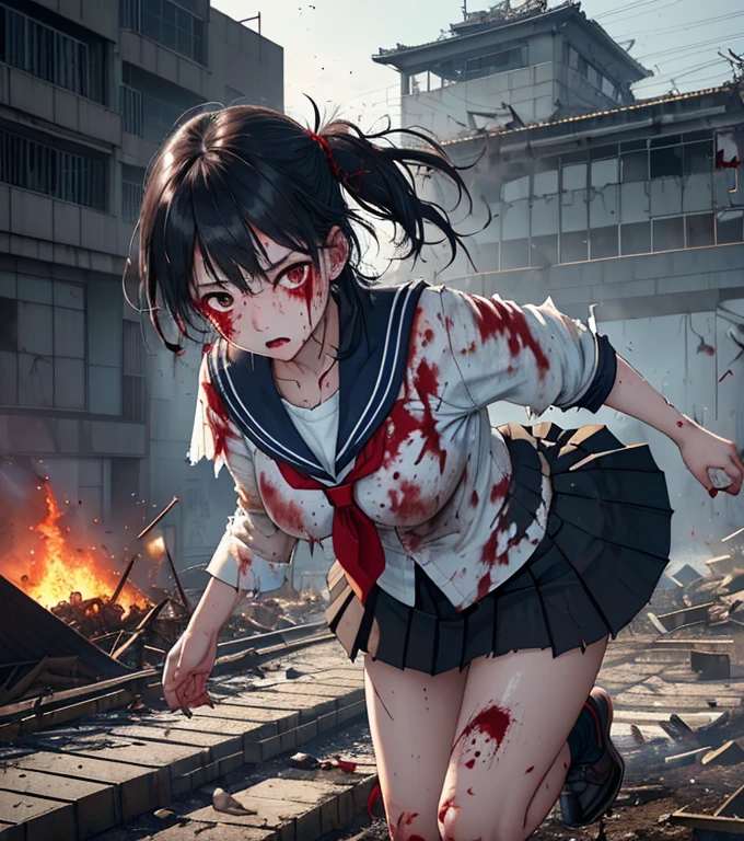 (in 8K、RAW Photos、top-quality、​masterpiece:1.2)、(realisitic、Photorealsitic:1.37)、ultra-detailliert、超A high resolution、(Giant Dragon:1.2)、Beautiful 15-year-old high school girl in Japan attacked by a giant dragon in devastated Tokyo、terrified expression、School Uniforms、 Uniform、(Torn and dirty tattered sailor suit:1.2)、disheveled clothing、ripped fabric、(Clothes with blood stains:1.2)、Short pleated skirt、(Torn skirt:1.2)、Dirty hair、smudged face、(skin stained with blood and dust:1.2)、Running through the rubble、building crumbling、Burning flame、stunningly beautiful face、dynamic ungle、Dynamic Lighting