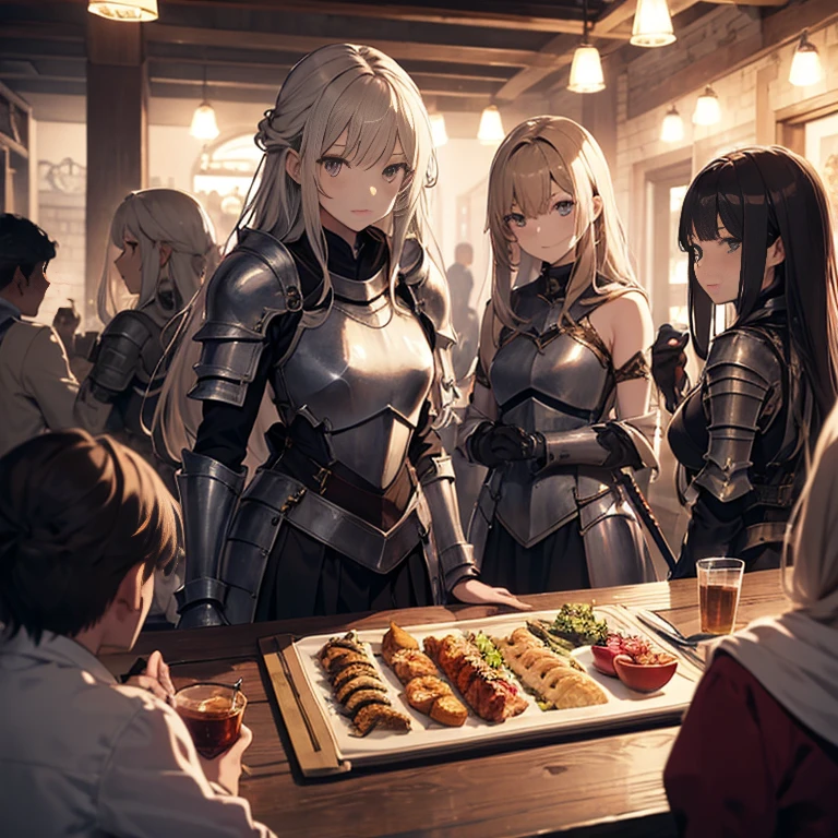 A group of young female knight, (in tavern), various hair styles, harem, wearing armored clothes, metal armor, night, details face, , short skirt, seducing, sword, sleeveless , night, starry night