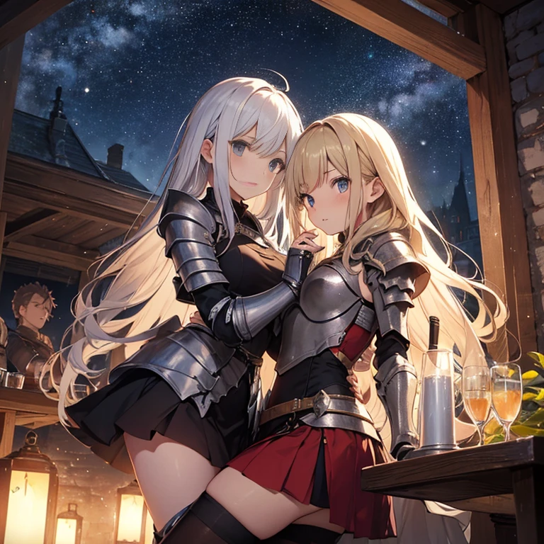 A group of young female knight, (in tavern), various hair styles, harem, wearing armored clothes, metal armor, night, details face, , short skirt, seducing, sword, sleeveless , night, starry night