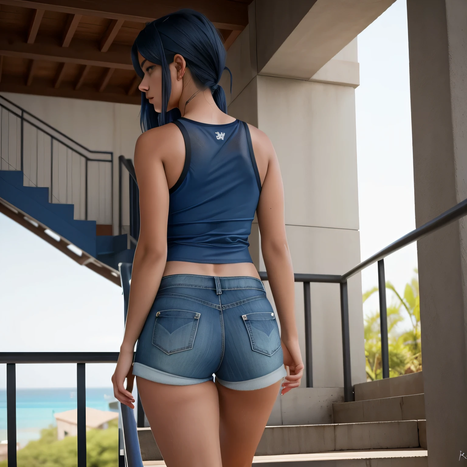 Beautiful woman in an indigo blue t-shirt and very short black shorts walking down the steps of a staircase with a metal handrail, in very short dark blue shorts, sexy girl wearing shorts, side view of her taking steps, standing on a staircase, balcony scene , wearing a top and shorts, dark blue shorts, on a balcony, photo on the side, wearing a t-shirt and shorts. She wears dark blue micro shorts and a blue tank top, very short shorts that show off her athletic physique. Photo taken from behind. The sunlight dances across her skin, highlighting her curves and giving the scene a dreamy look. Beautiful woman, extremely sexy, very sensual. Masterpiece: 1.3, high resolution, (photographically realistic), 8k, 8K, NUDE, NUDITY, NFSW